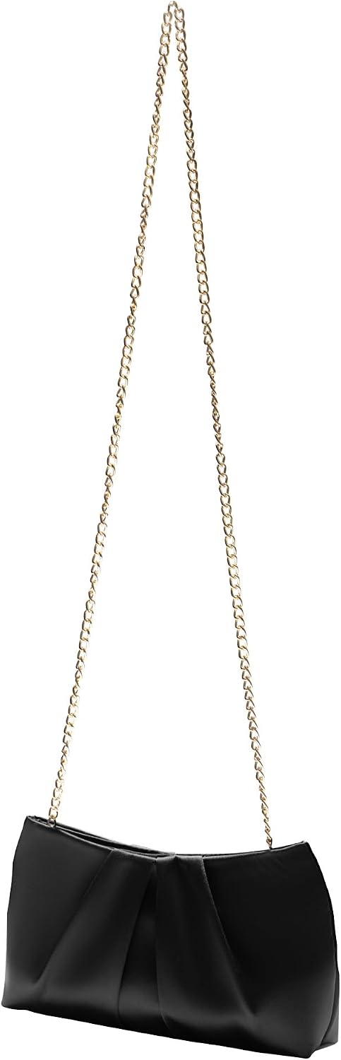 Women's Black Satin Pleated Clutch with Pearl Chain Handle