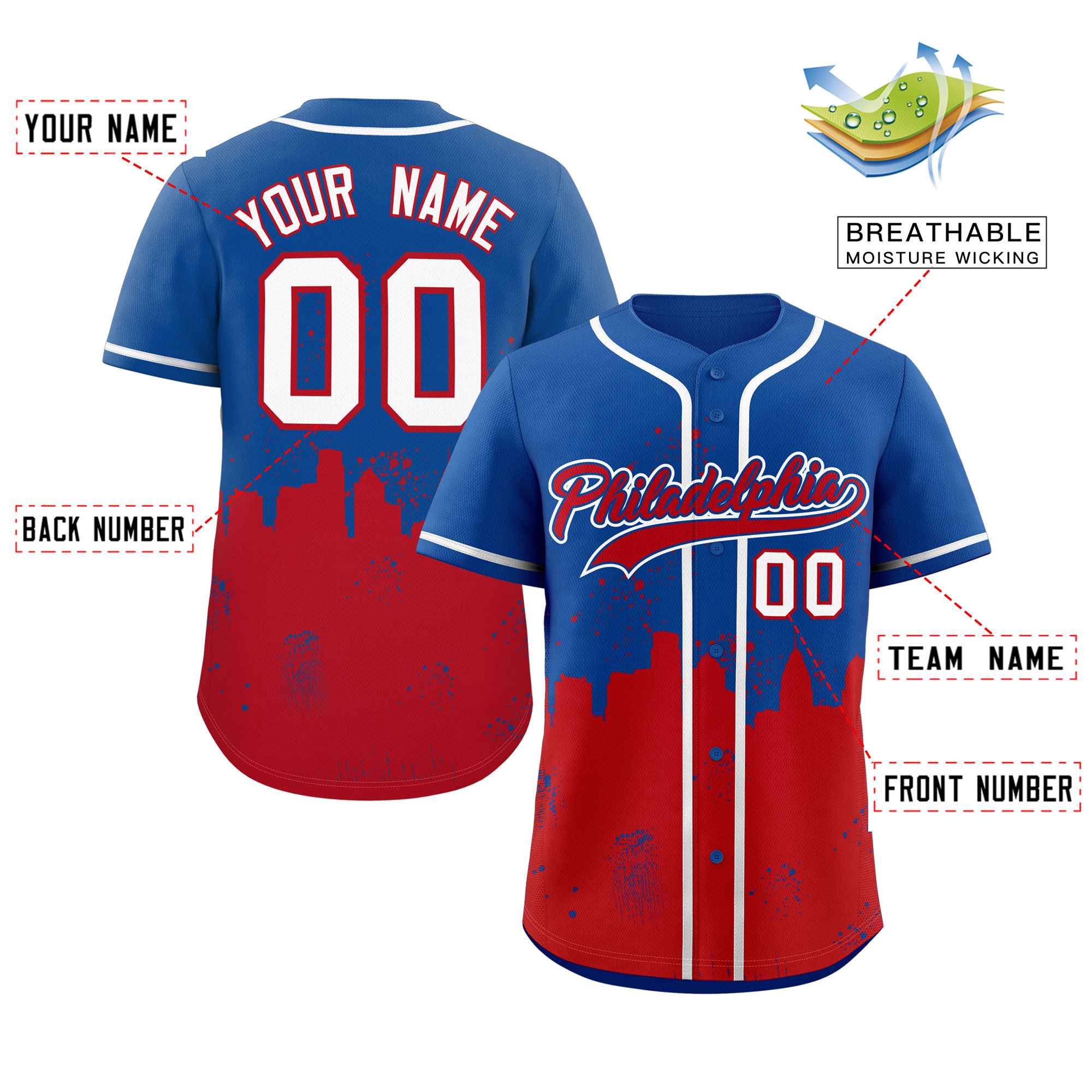 Benutzerdefinierte Royal Red personalisierte Philadelphia City Nightscape authentische Baseball-Trikot Benutzerdefinierte Royal Red personalisierte Philadelphia City Nightscape authentische Baseball-Trikot
