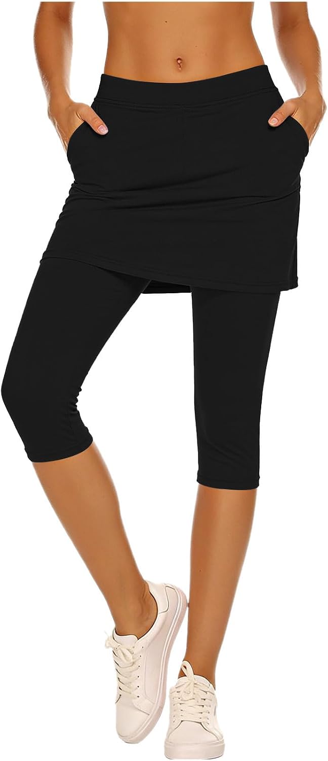 Skirted Leggings for Women with Pockets Stretch Capri Yoga Pants Tennis Golf Skorts Athletic Skirt Active Clothes