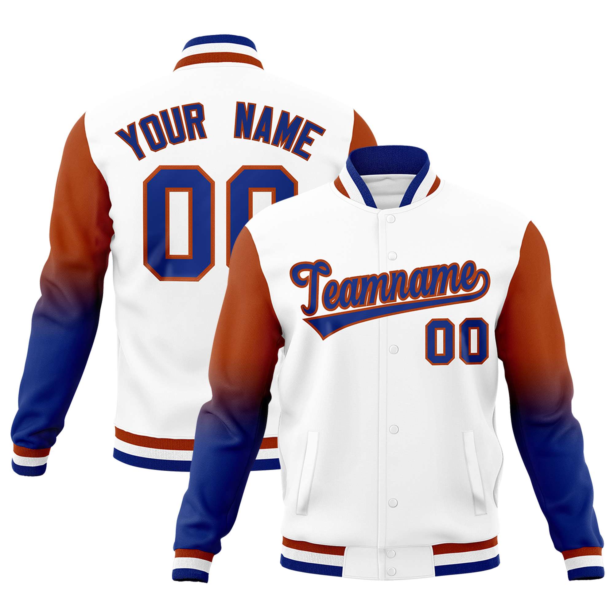 Custom White Royal Blue Dark Orange Full-Snap Varsity Raglan Sleeves Gradient Letterman Jacket