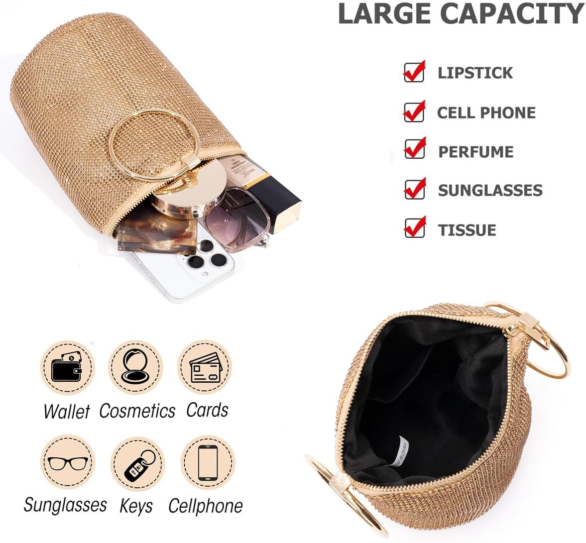 Women's Rhinestone Bucket Evening Bag with Ring Handle Women's Rhinestone Bucket Evening Bag with Ring Handle