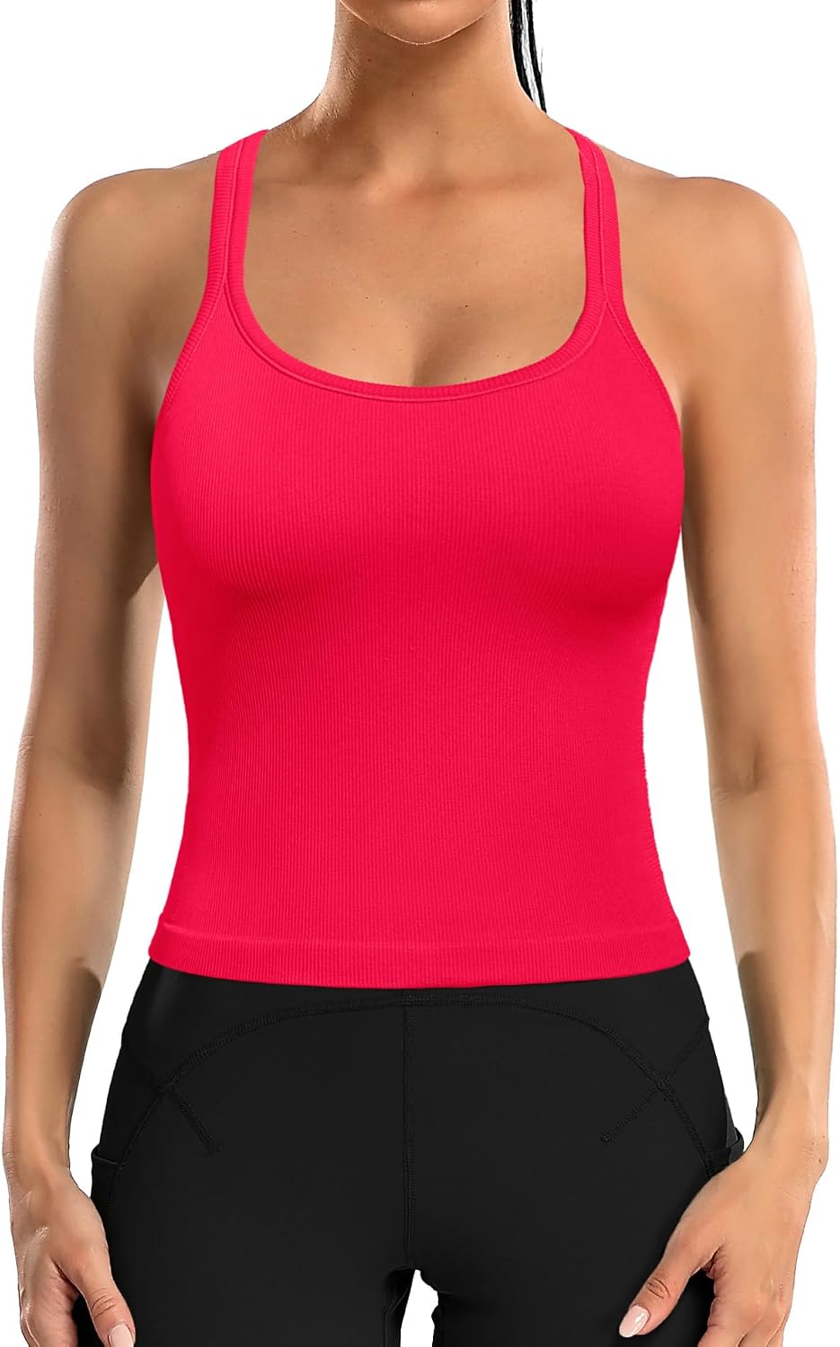 Women's Ribbed Waffle Workout Tank Racerback with Bra Red