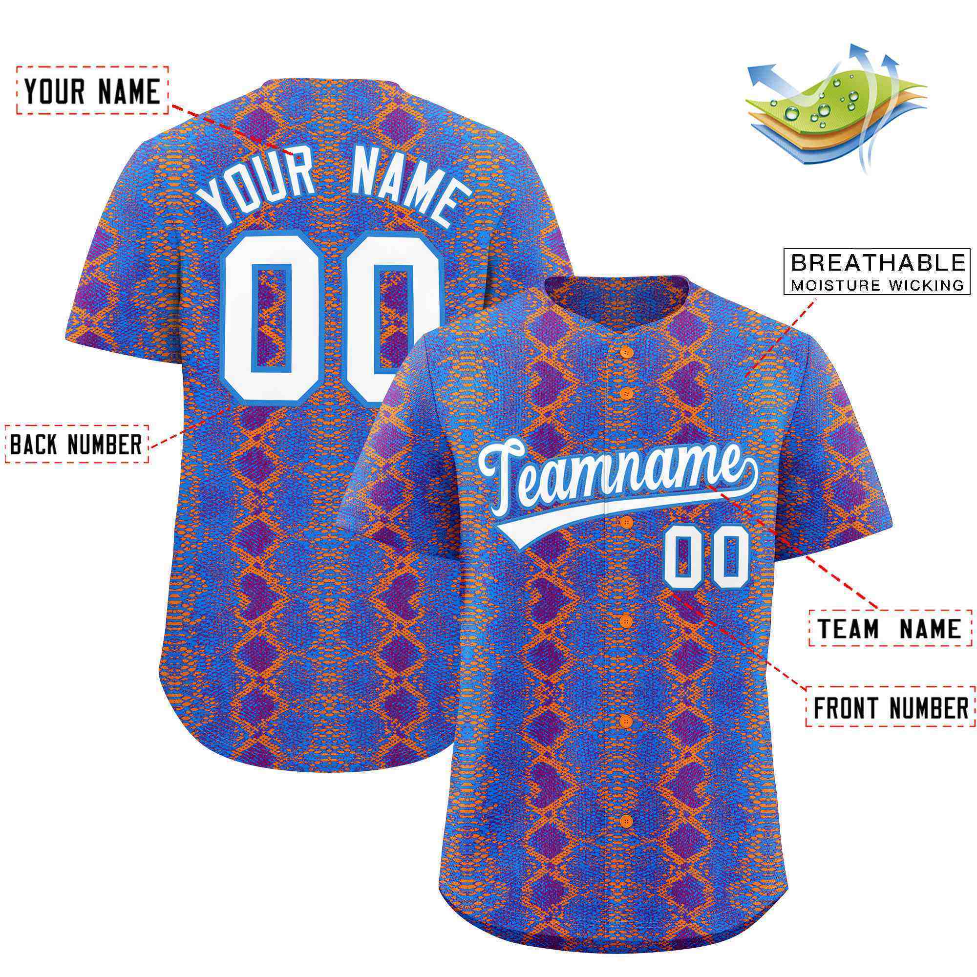 Benutzerdefiniertes authentisches Baseball-Trikot mit mehrfarbigem Schlangenledermuster