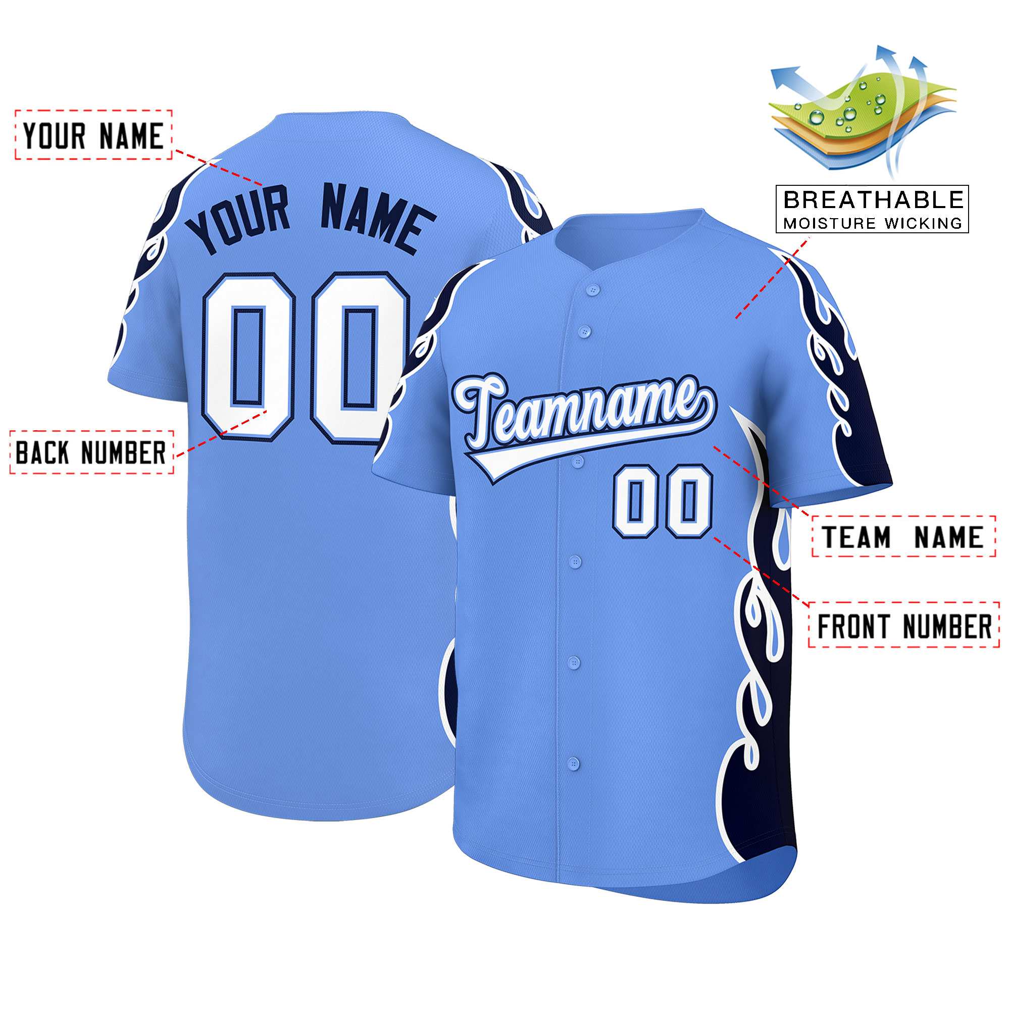 Benutzerdefiniertes Baseball-Trikot mit Seitenflammen-Umrissmuster für Sportuniformen
