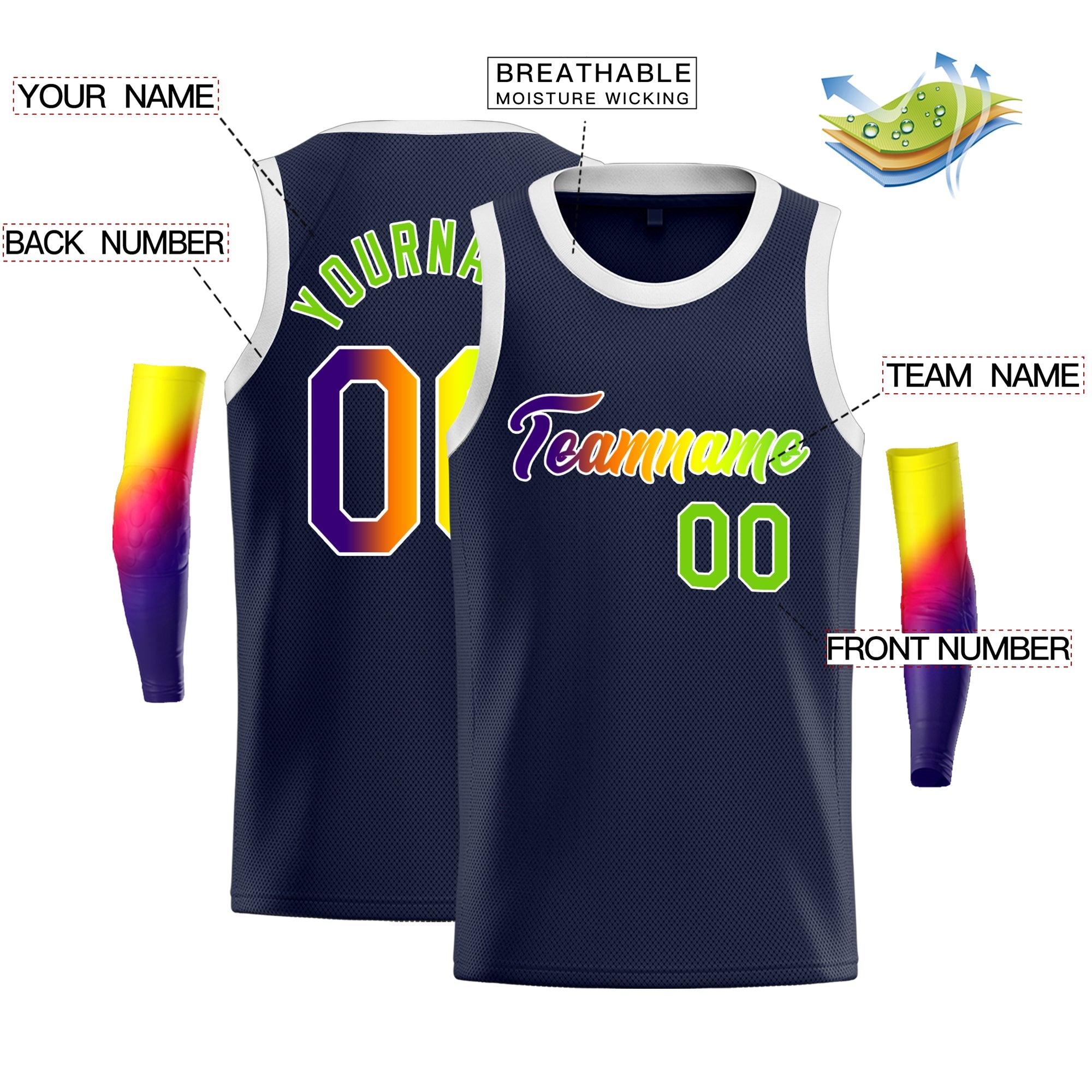 Benutzerdefiniertes Basketballtrikot mit klassischem Oberteil und modischer Weste in Marineblau mit Farbverlauf
