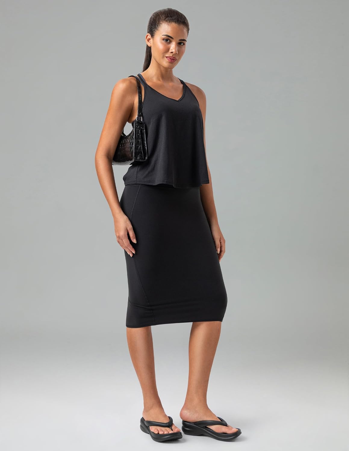 Women's Midi Pencil Skirt High Waist Stretch Black