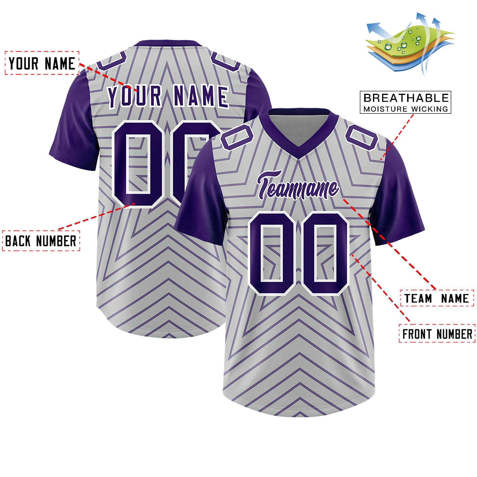 Individuell personalisiertes, authentisches Fußballtrikot mit Raglanärmeln und Sternenmuster