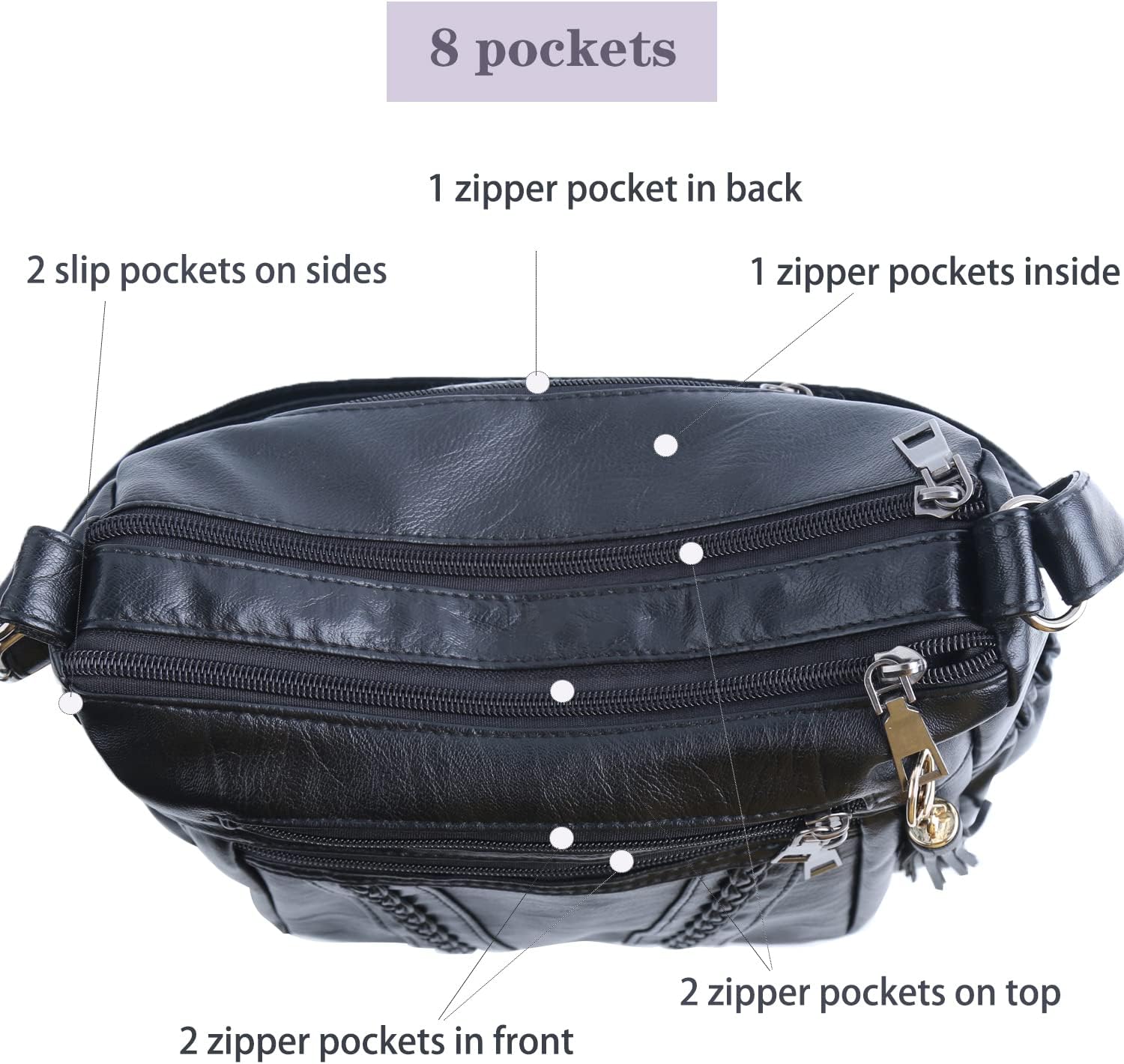 Women's Braided Weave Multi-Zip Shoulder Bag Black