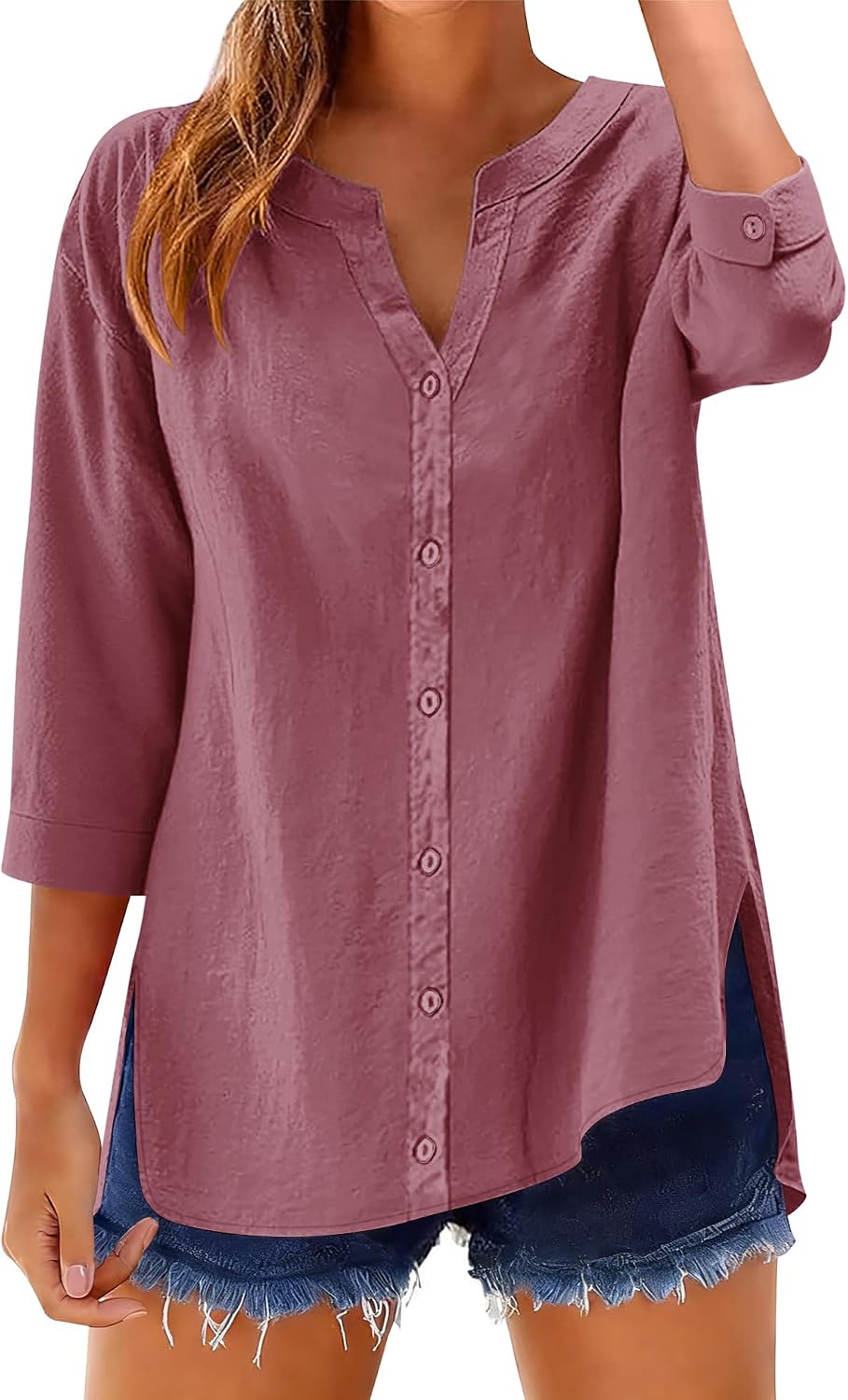 Women's Cotton Linen Shirt 3/4 Sleeve V Neck Rose