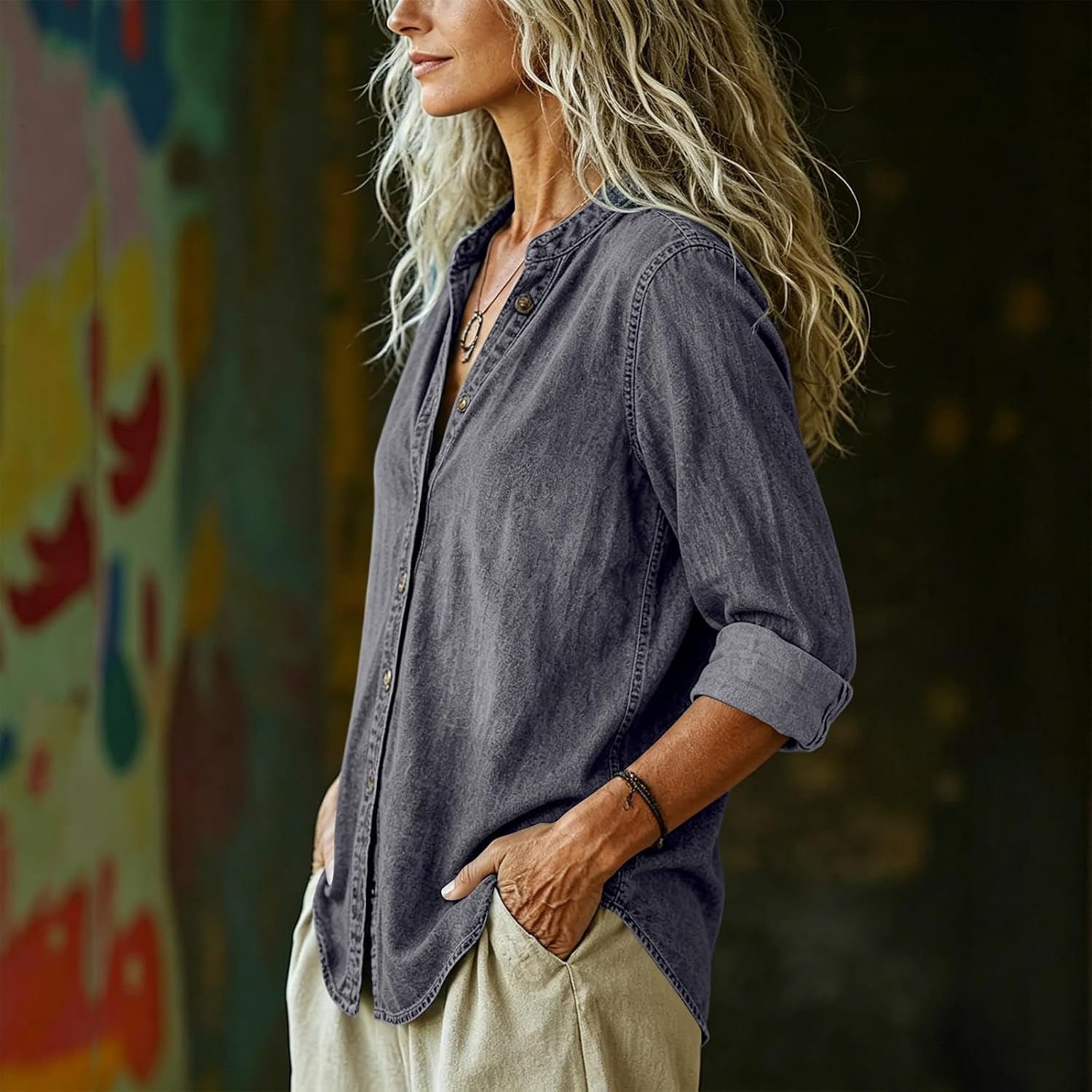Jean Shirts for Women Vintage V Neck Button down Denim Blouses Dressy Long Sleeve Tops Ripped Distressed Shirt Jackets Breathable Relaxed Fit Cardigan