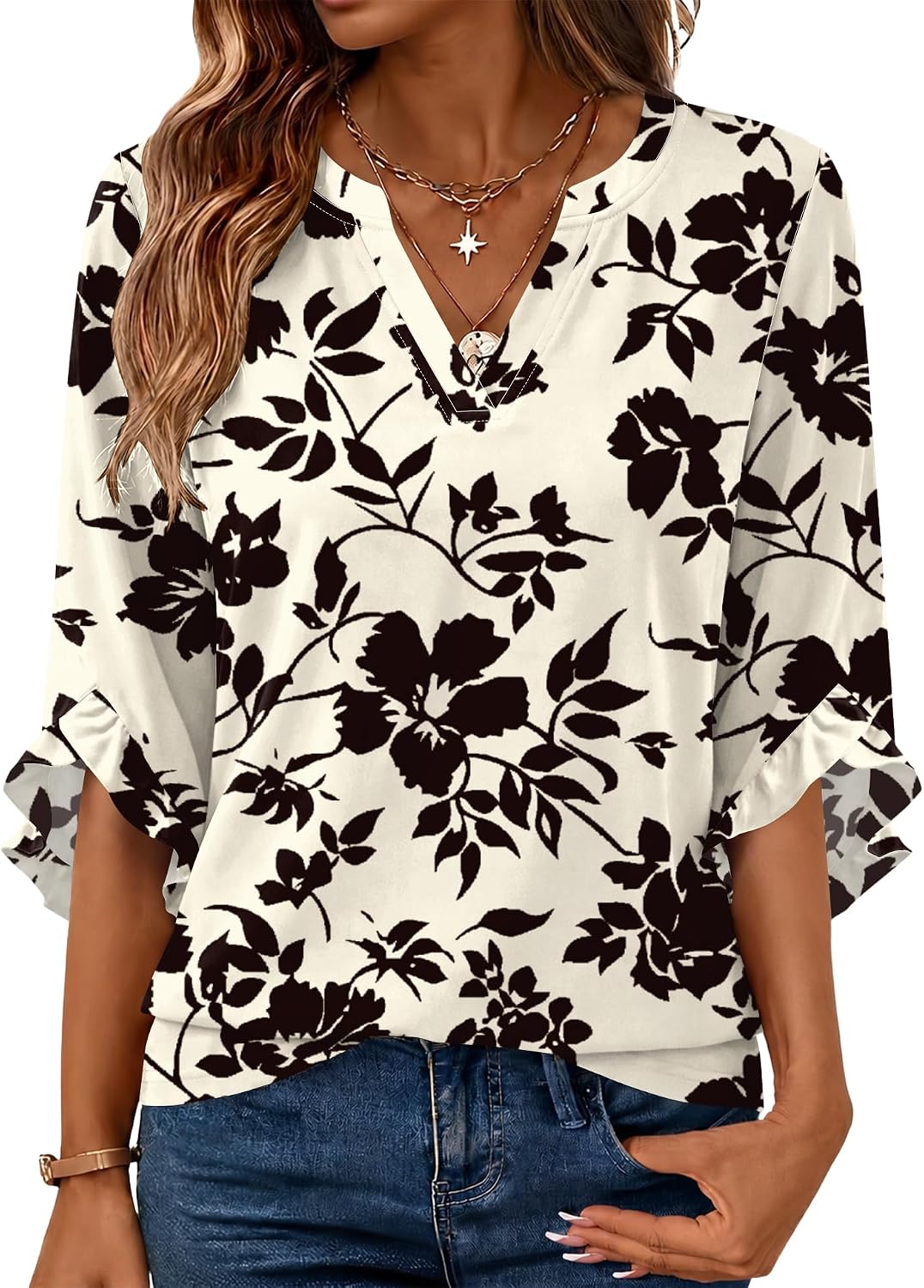 3-Quarter Length Sleeve Womens Tops Dressy V Neck Blouse Ruffle Shirts Summer Fall Clothes