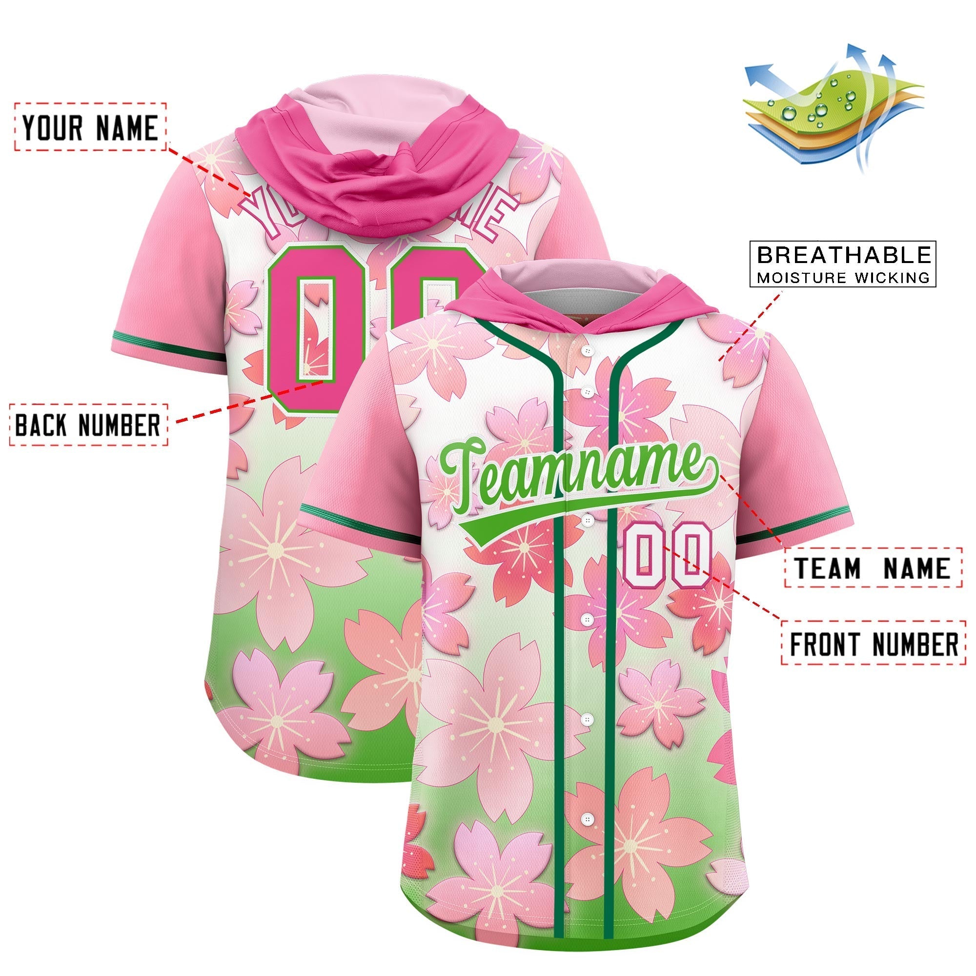 Benutzerdefinierte rosa hellgrüne Kirschblüten Raglanärmel, schnell trocknendes Baseball-Kapuzentrikot