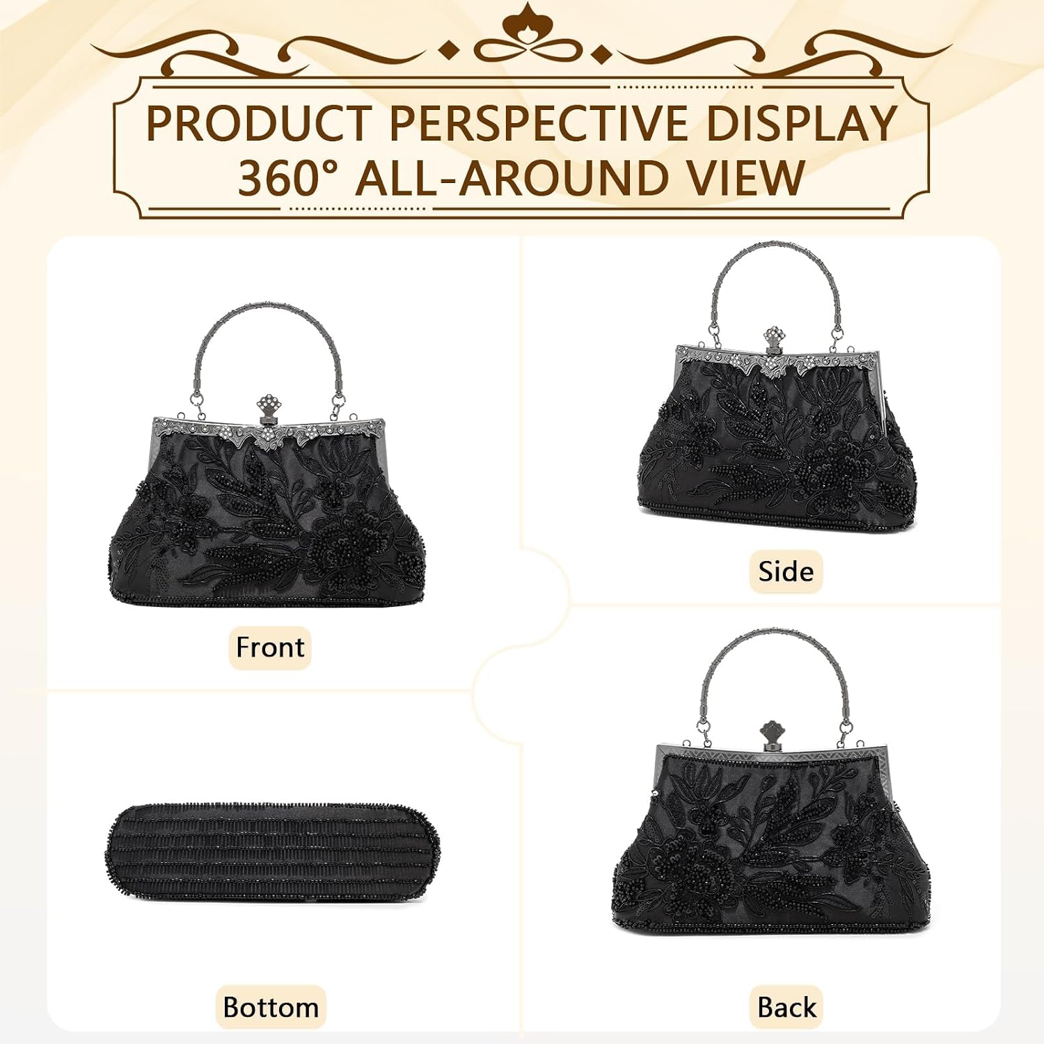 Women's Black Beaded Floral Clutch with Handle and Chain