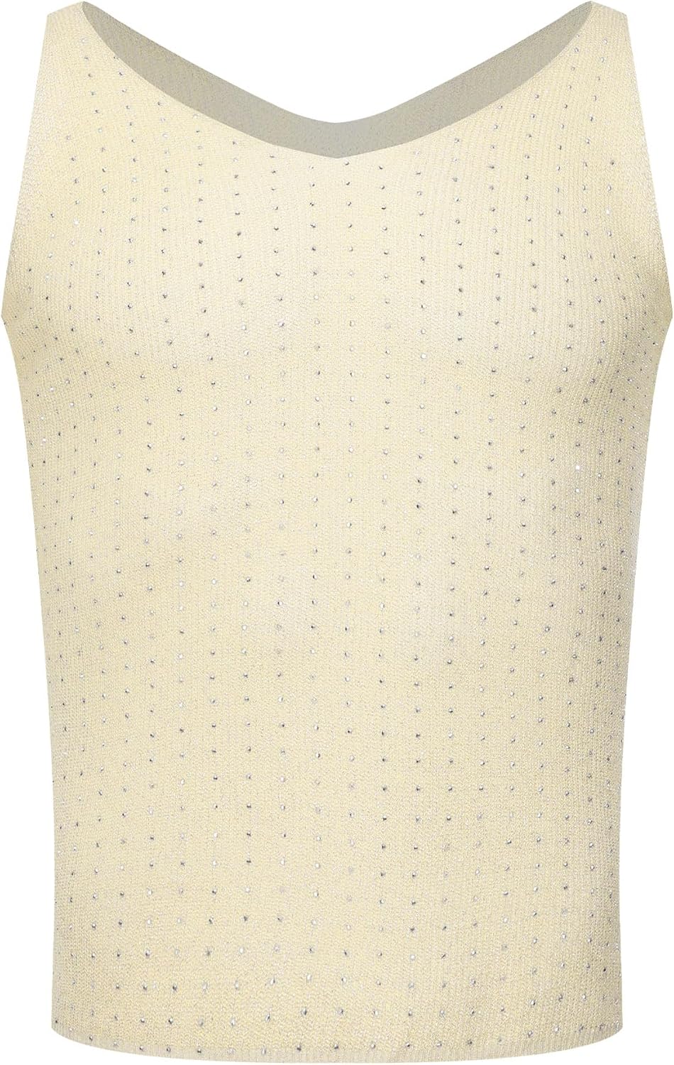 Men's Rhinestone V Neck Knit Tank Top Cream