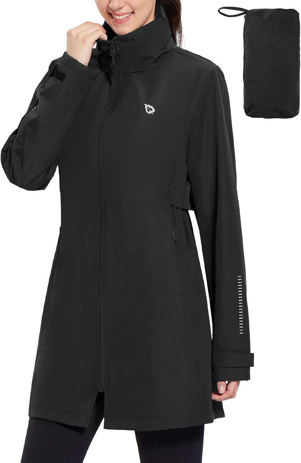 Women's Long Waterproof Rain Coat Packable Hood Black
