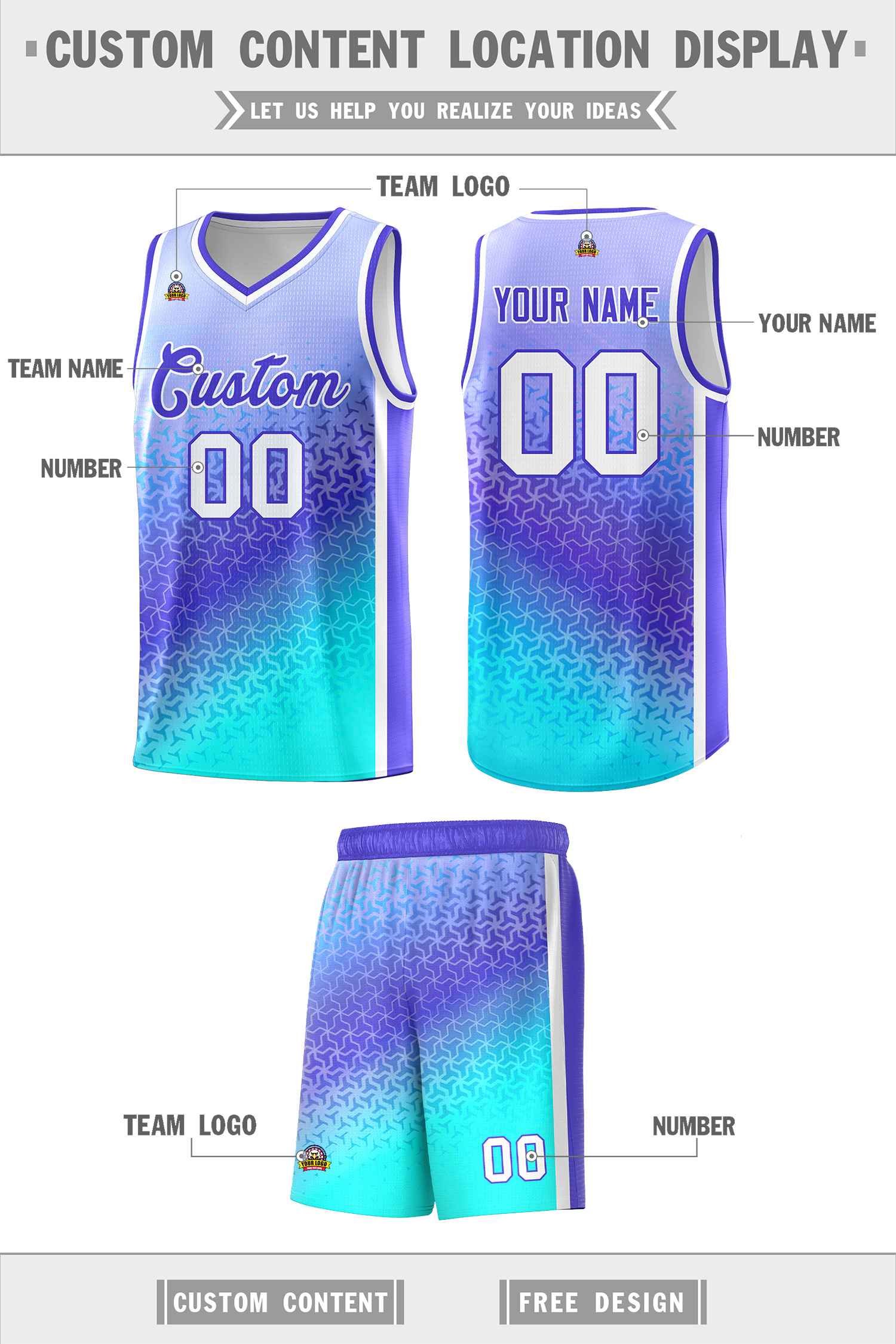 Benutzerdefiniertes hellviolettes himmelblaues Farbverlaufsdesign mit unregelmäßigen Formen und Mustern für Sportuniform-Basketballtrikots