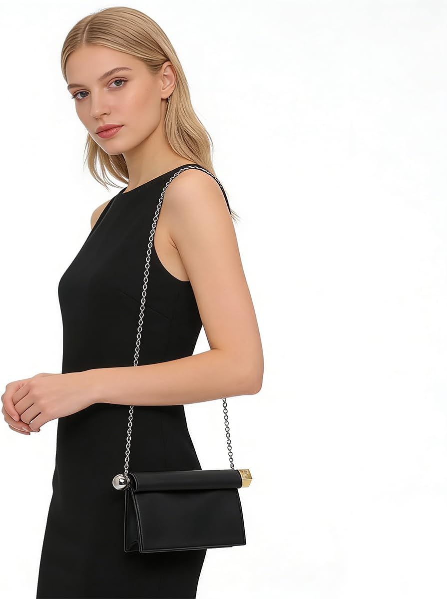 Women's Foldover Clutch Purse Metal Bar Evening Bag Black Women's Foldover Clutch Purse Metal Bar Evening Bag Black
