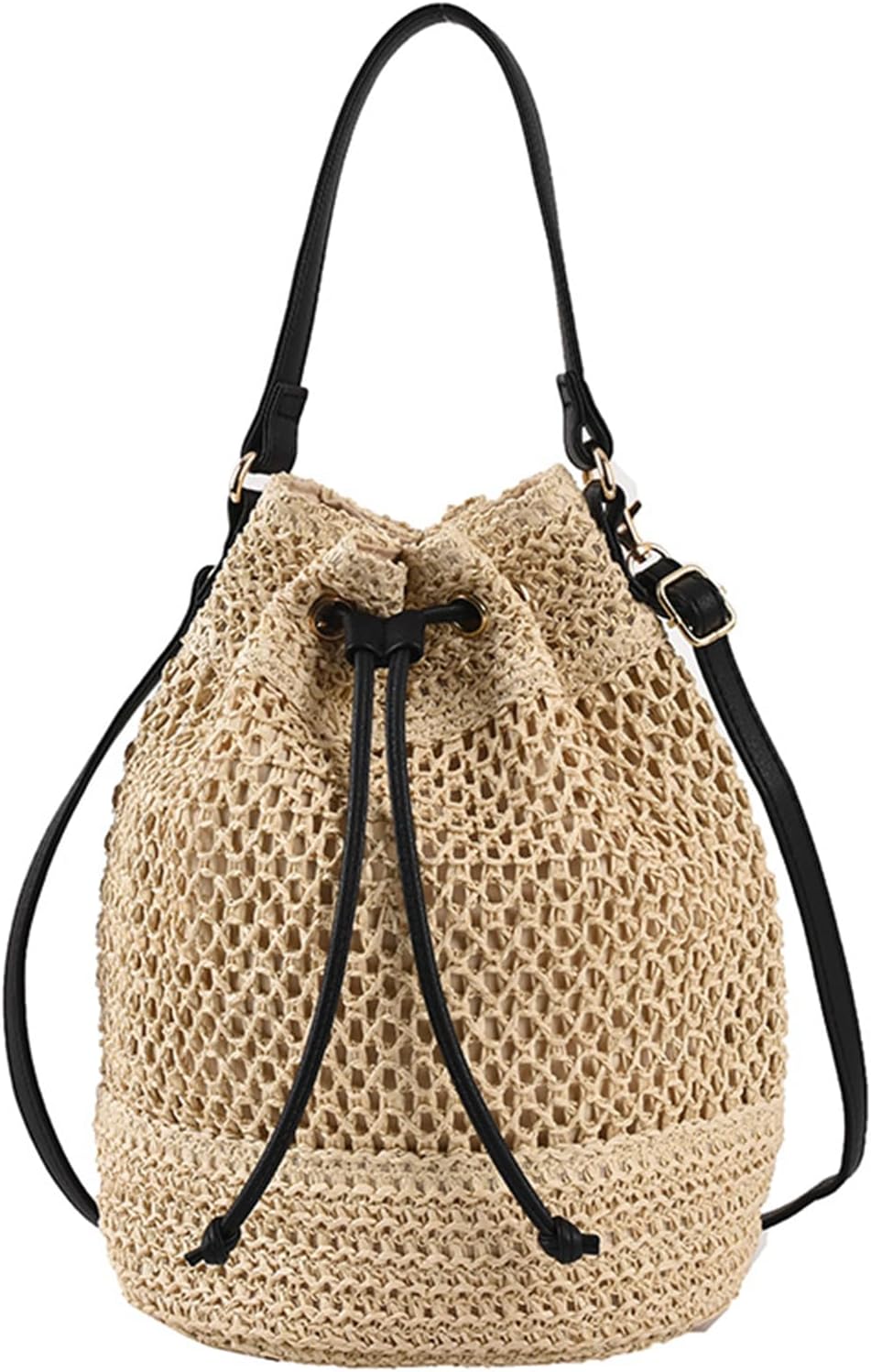 Women's Crochet Straw Bucket Bag Beach Drawstring Purse
