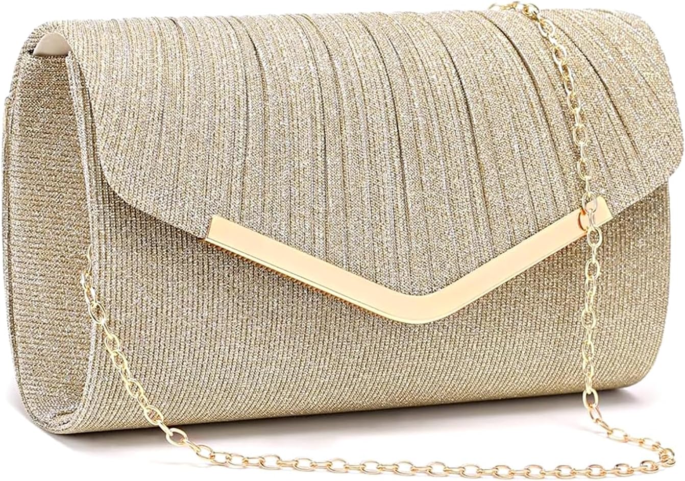 Women's Metallic Pleated Clutch Champagne Evening Bag with Chain