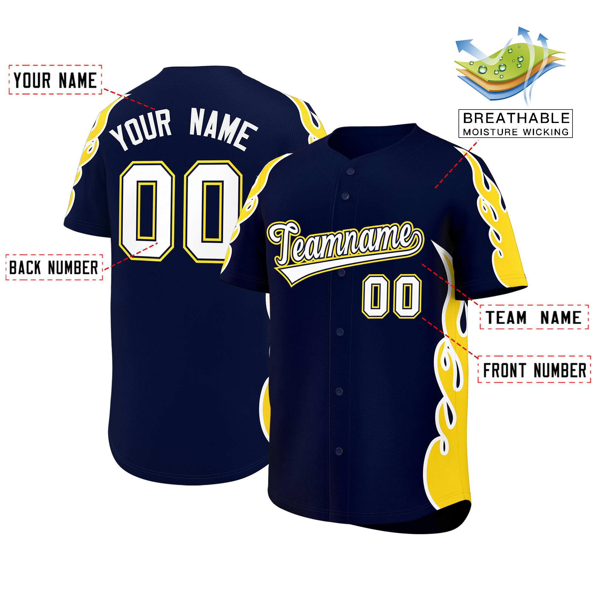 Benutzerdefiniertes Baseball-Trikot mit Seitenflammen-Umrissmuster für Sportuniformen