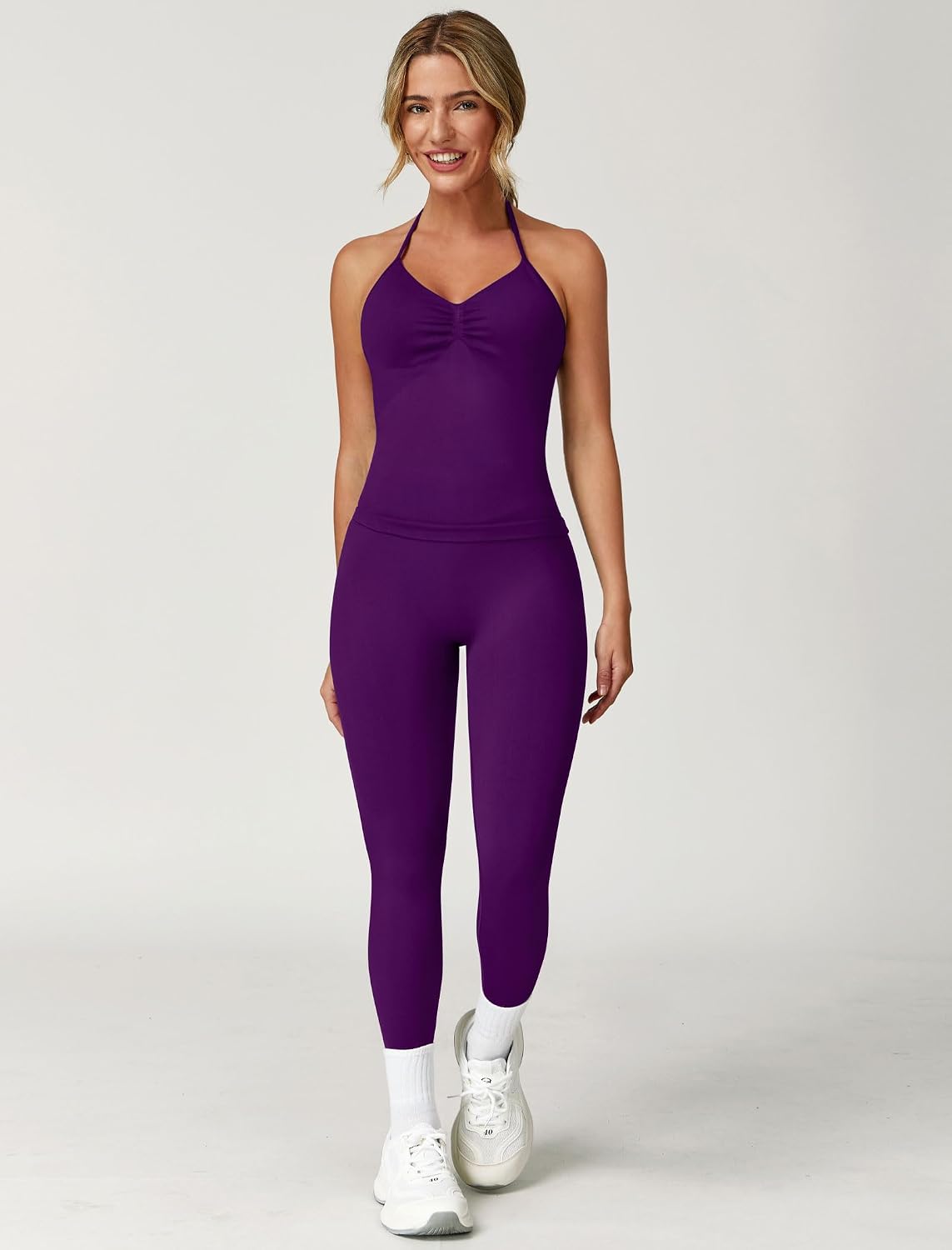 Women's Seamless Workout Set Halter Tank Leggings Purple