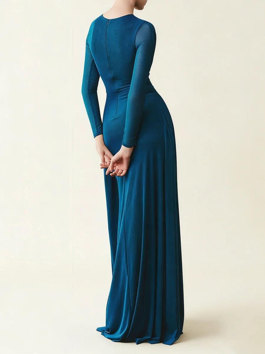 Women's Draped Ruched Maxi Dress Long Sleeve Teal Blue