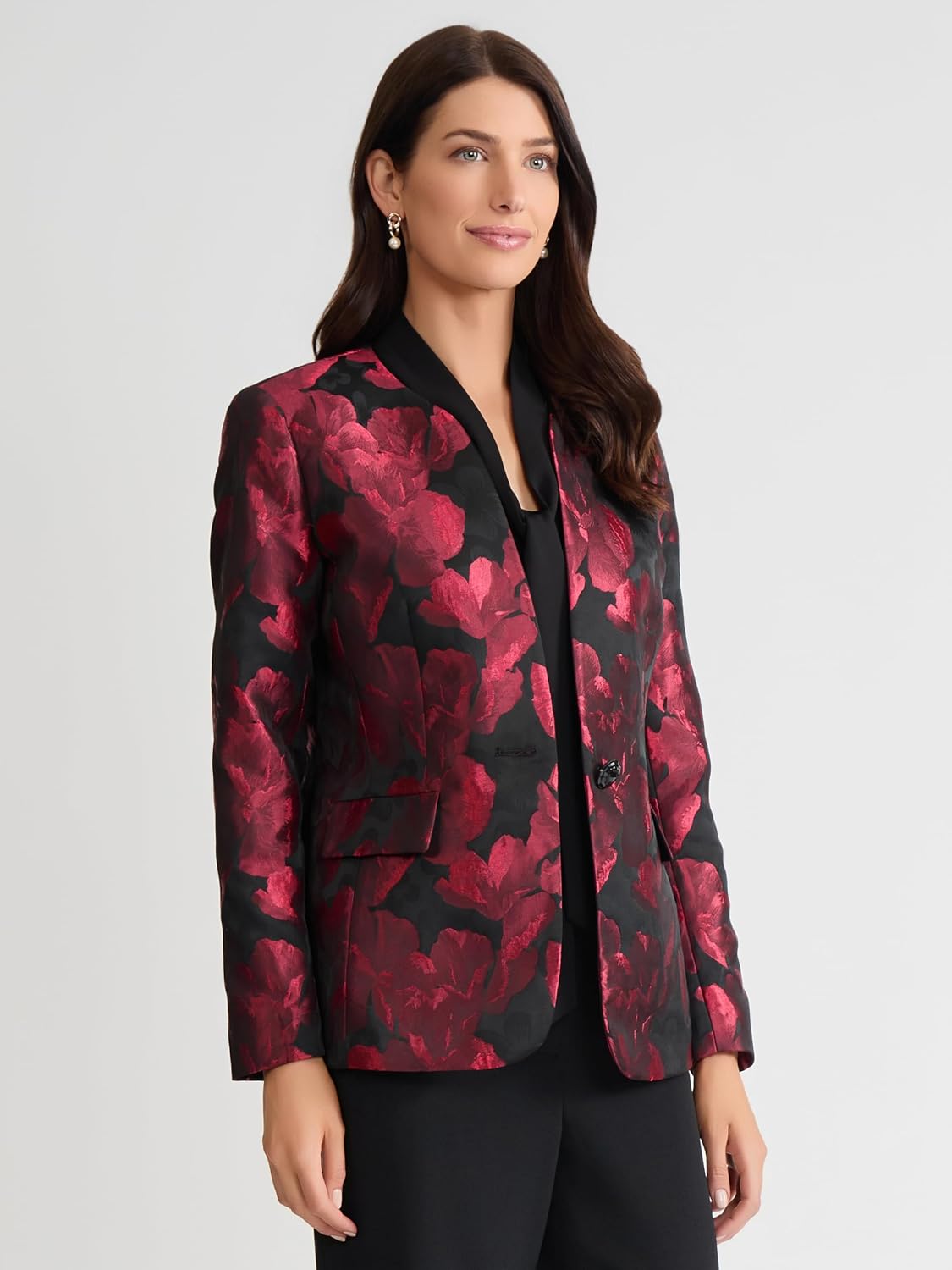 Women's Floral Jacquard One Button Blazer Red