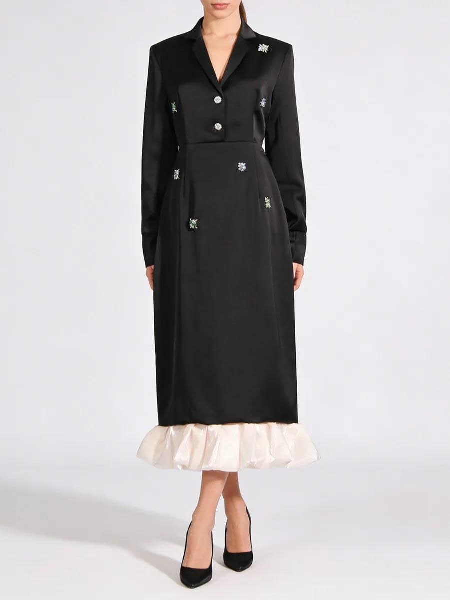 Women's Embellished Satin Midi Dress Lapel Long Sleeve Black
