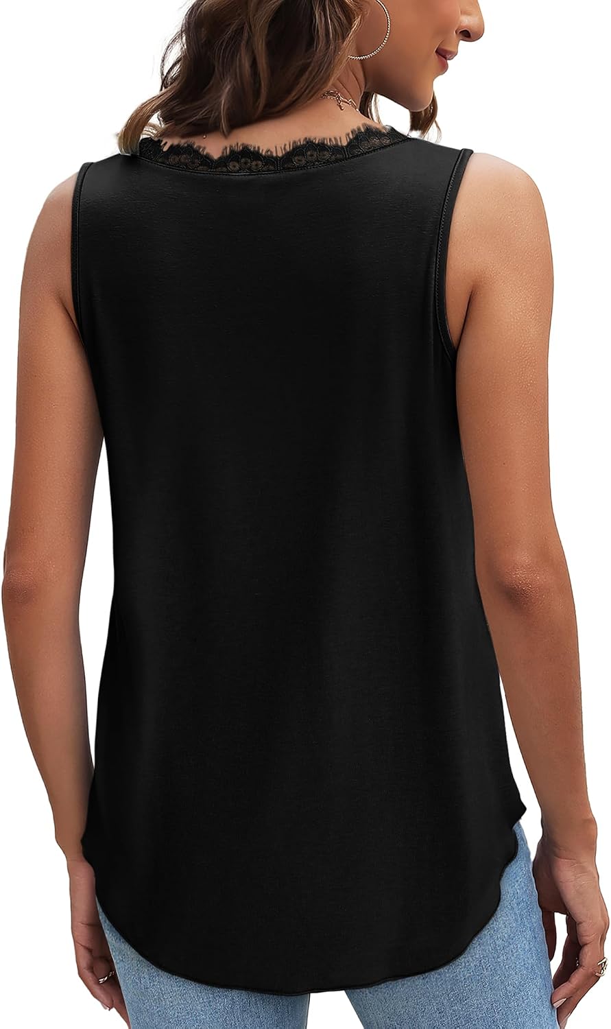 Women's Lace Trim V Neck Loose Tank Top Black