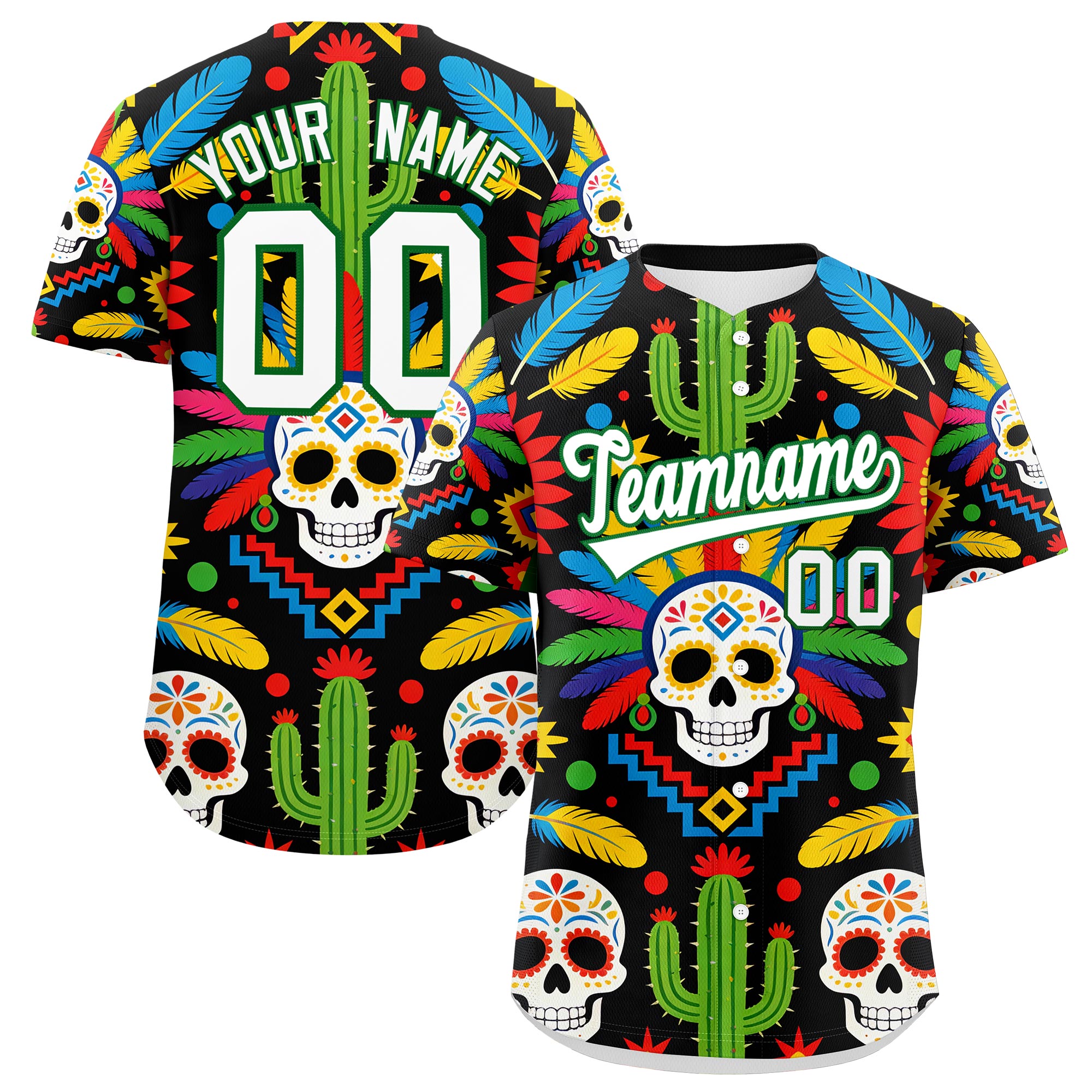 Benutzerdefiniertes Baseball-Trikot aus Stretchstoff mit Graffiti-Muster im mexikanischen Stil Benutzerdefiniertes Baseball-Trikot aus Stretchstoff mit Graffiti-Muster im mexikanischen Stil