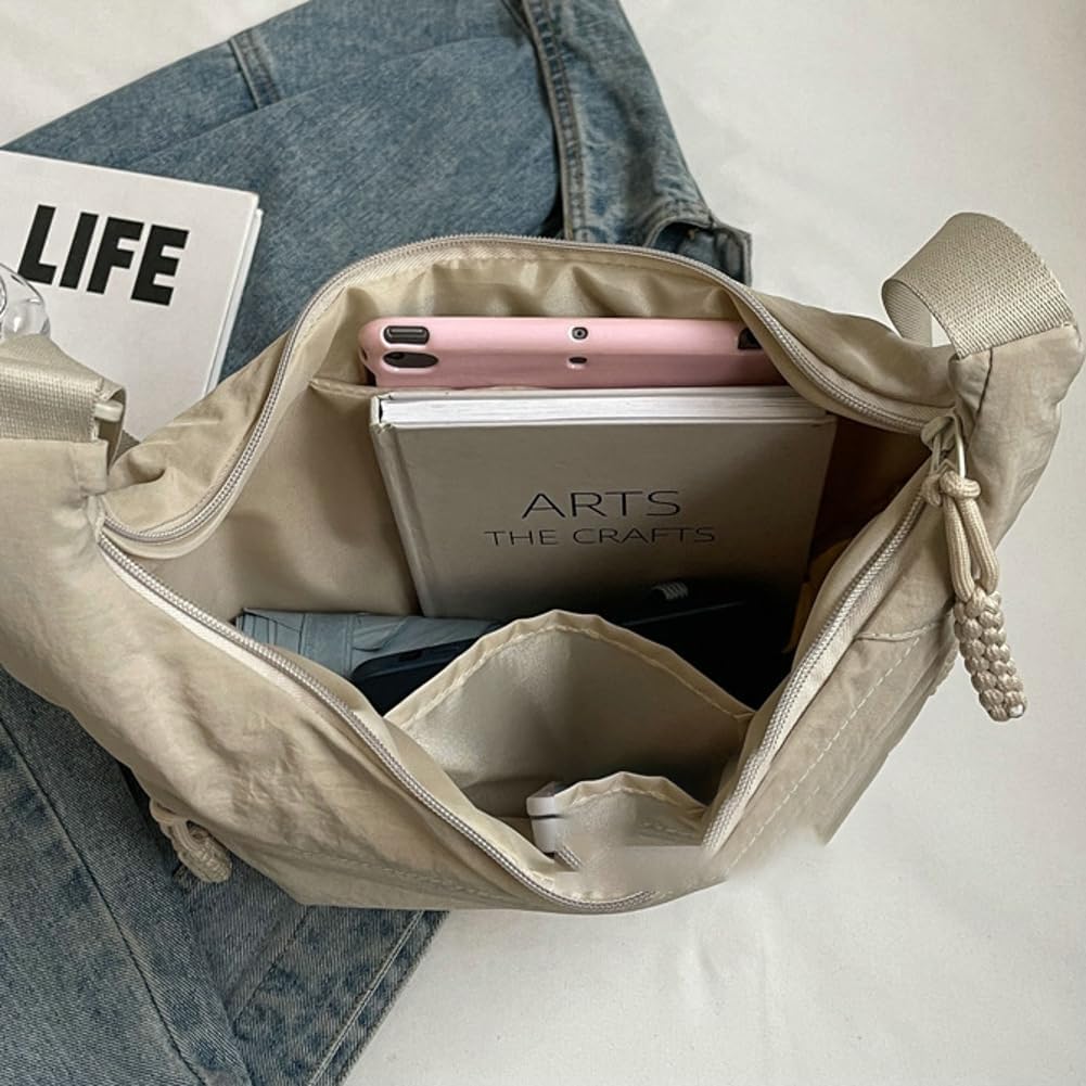 Women's Nylon Crescent Hobo Shoulder Bag Orange Beige