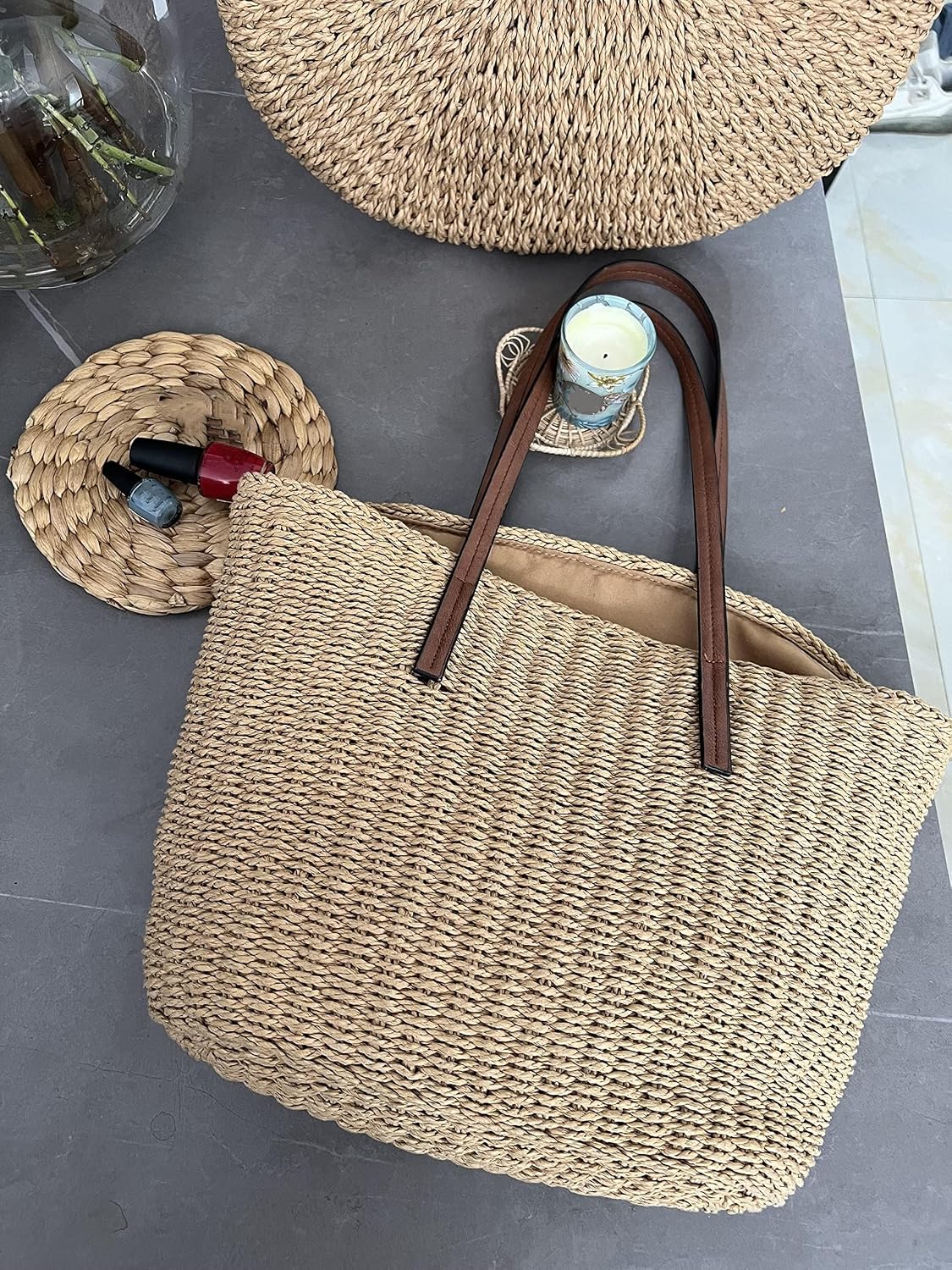 Women's Straw Tote Bag Beige Tassel