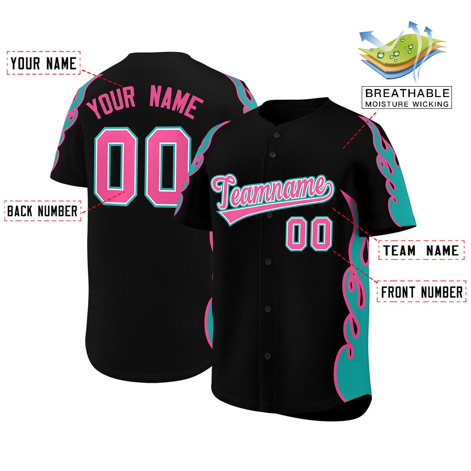 Benutzerdefiniertes Baseball-Trikot mit Seitenflammen-Umrissmuster für Sportuniformen