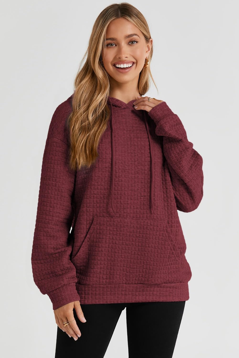 Womens Hoodies Casual Drawstring Waffle Pullover Tops Hooded Sweatshirt with Pocket