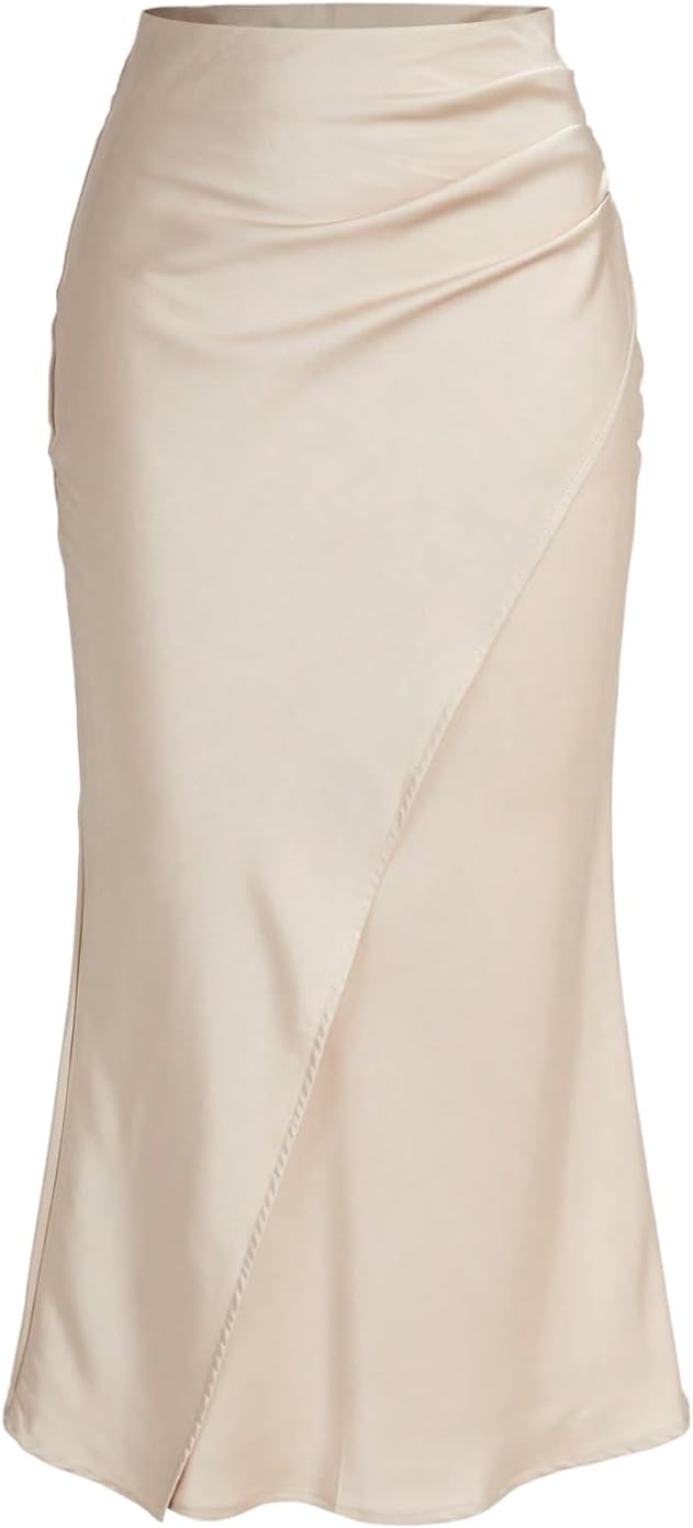 Women's Satin Wrap Midi Skirt Ruched Fishtail Apricot