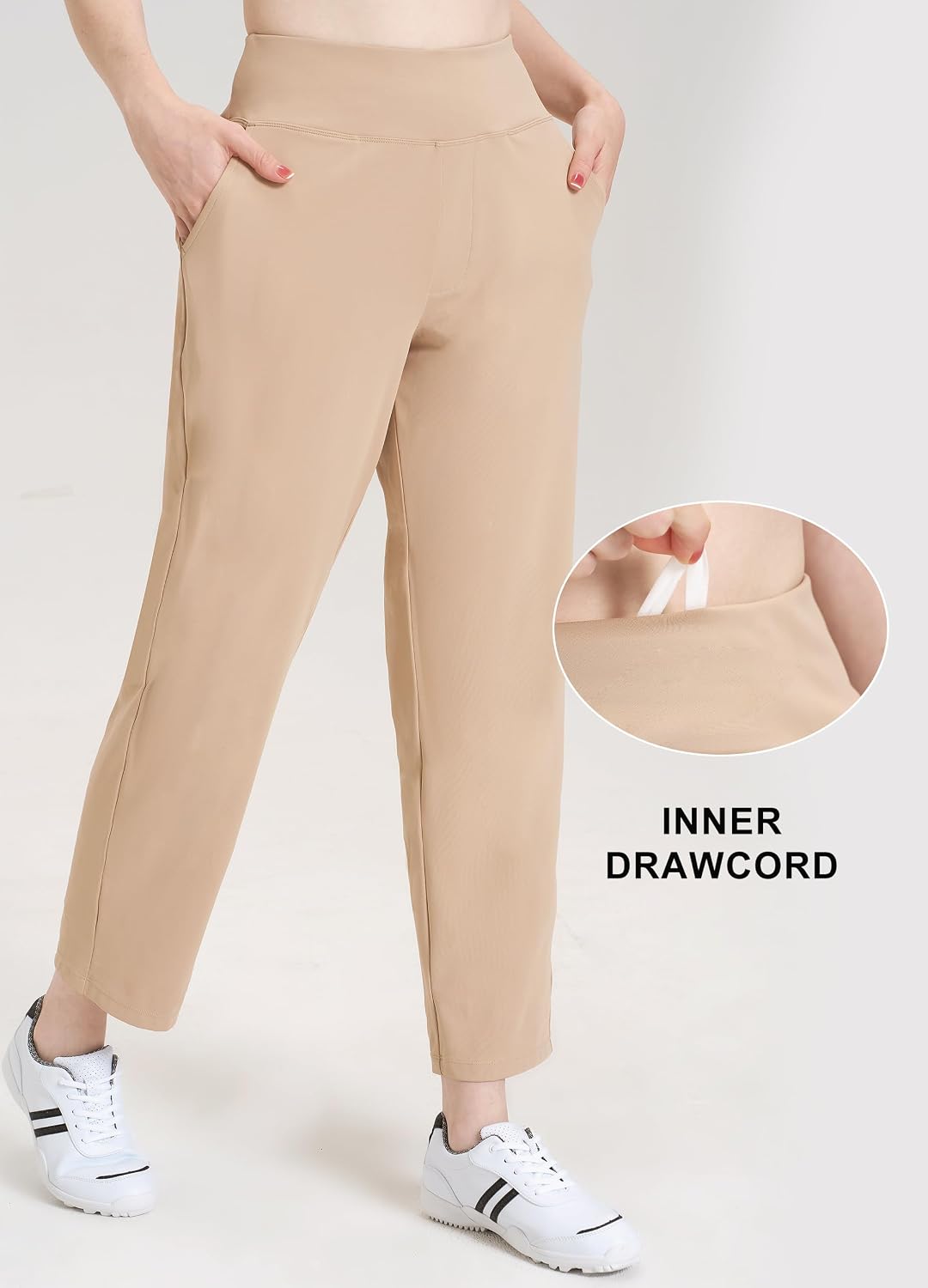 Women's Wide Leg Golf Pants Drawstring Ankle Khaki