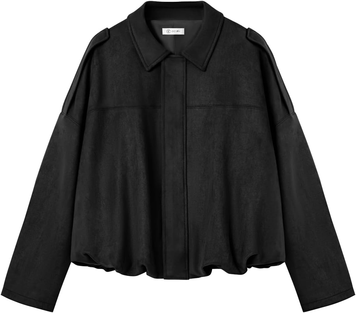 Womens Faux Suede Bomber Jackets Oversized Cropped Zip Up Lapel Coats Fall Casual Outerwears