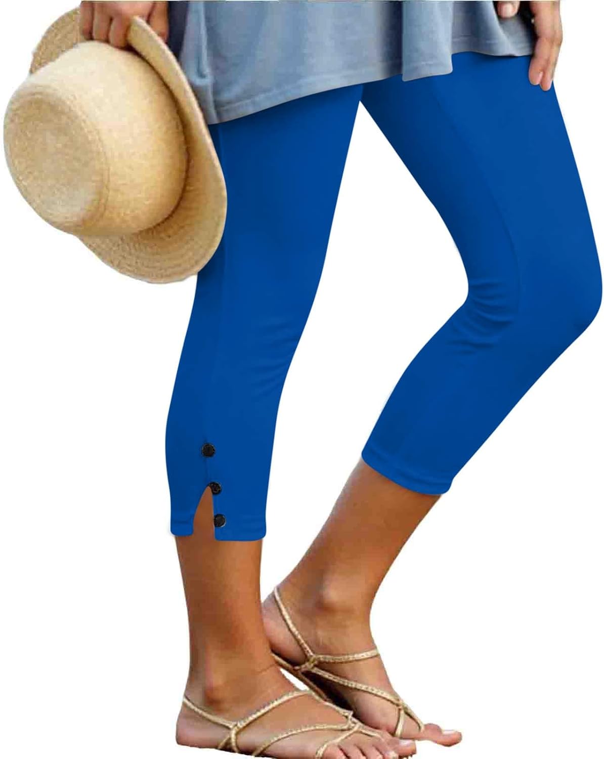 Women's Capri Leggings with Button Hem Slit (Royal Blue)