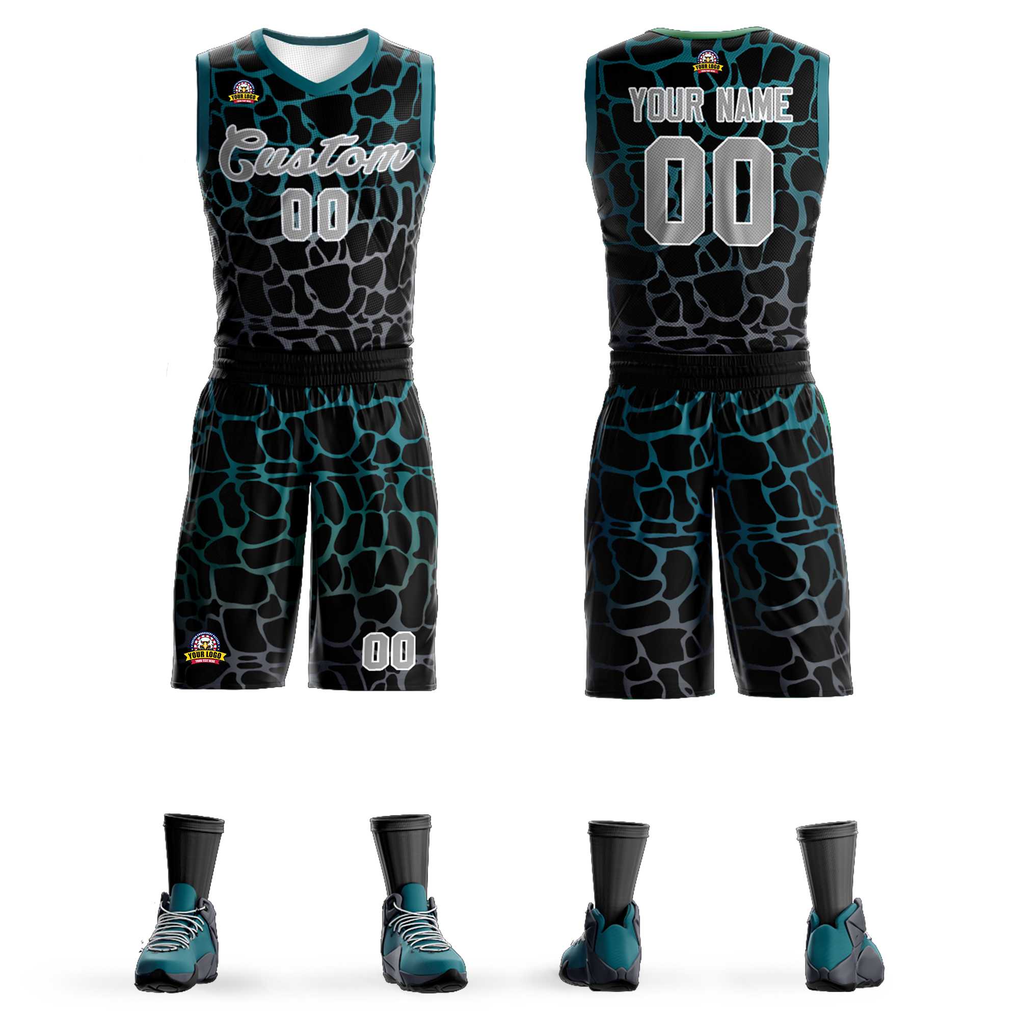 Maßgeschneidertes schwarzes Mitternachtsgrün-Grau gepunktetes Graffiti-Muster-Sportuniform-Basketballtrikot