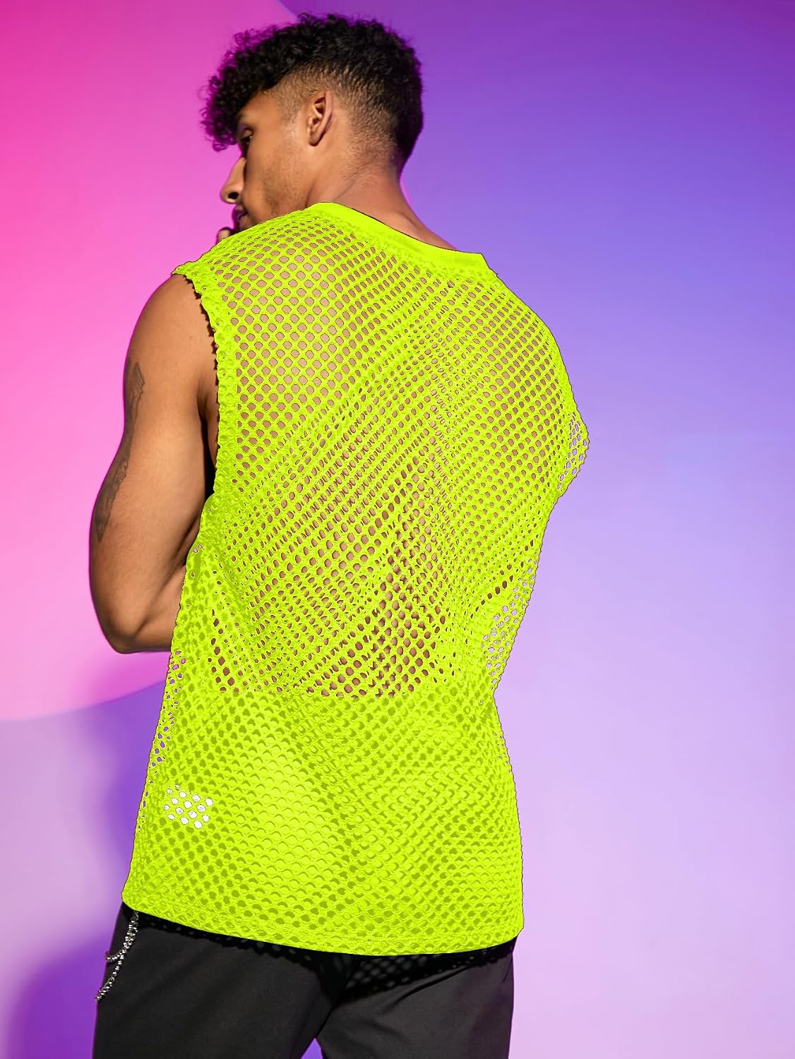 Men's Crochet Hollow Out Tank Top Neon Green