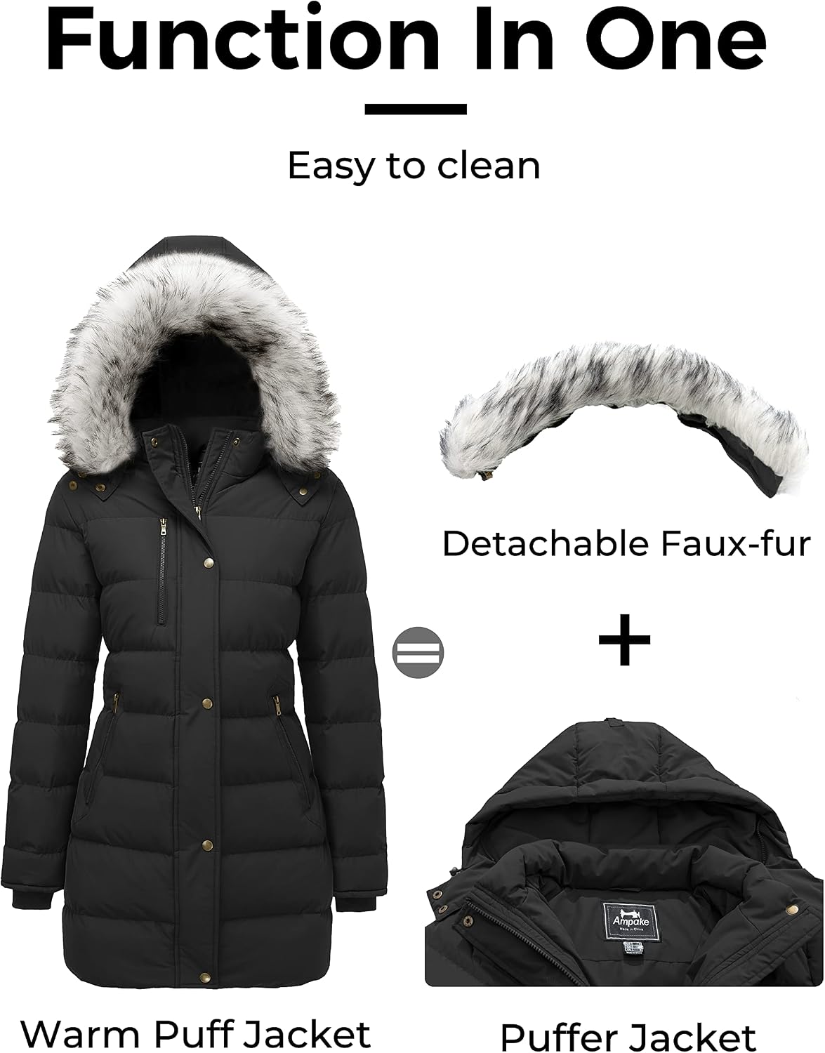 Women's Mid-Length Puffer Parka Faux Fur Trim Hood Black