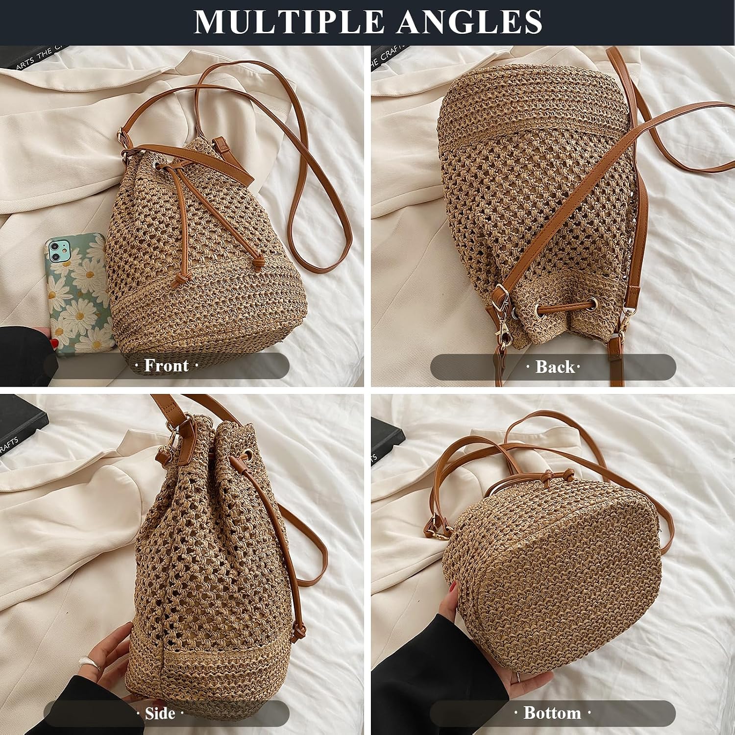 Women's Crochet Straw Bucket Bag Beach Drawstring Purse Women's Crochet Straw Bucket Bag Beach Drawstring Purse