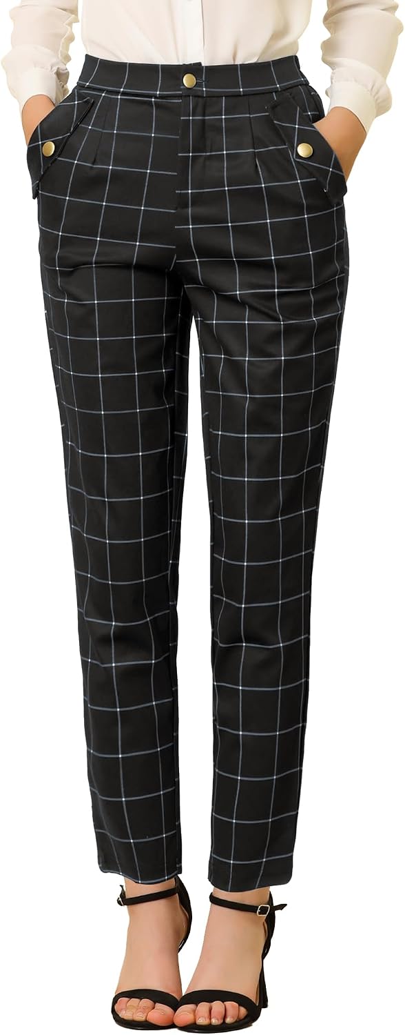Women's Vintage Tartan Plaid Pants Elastic Waist Straight Long Trousers