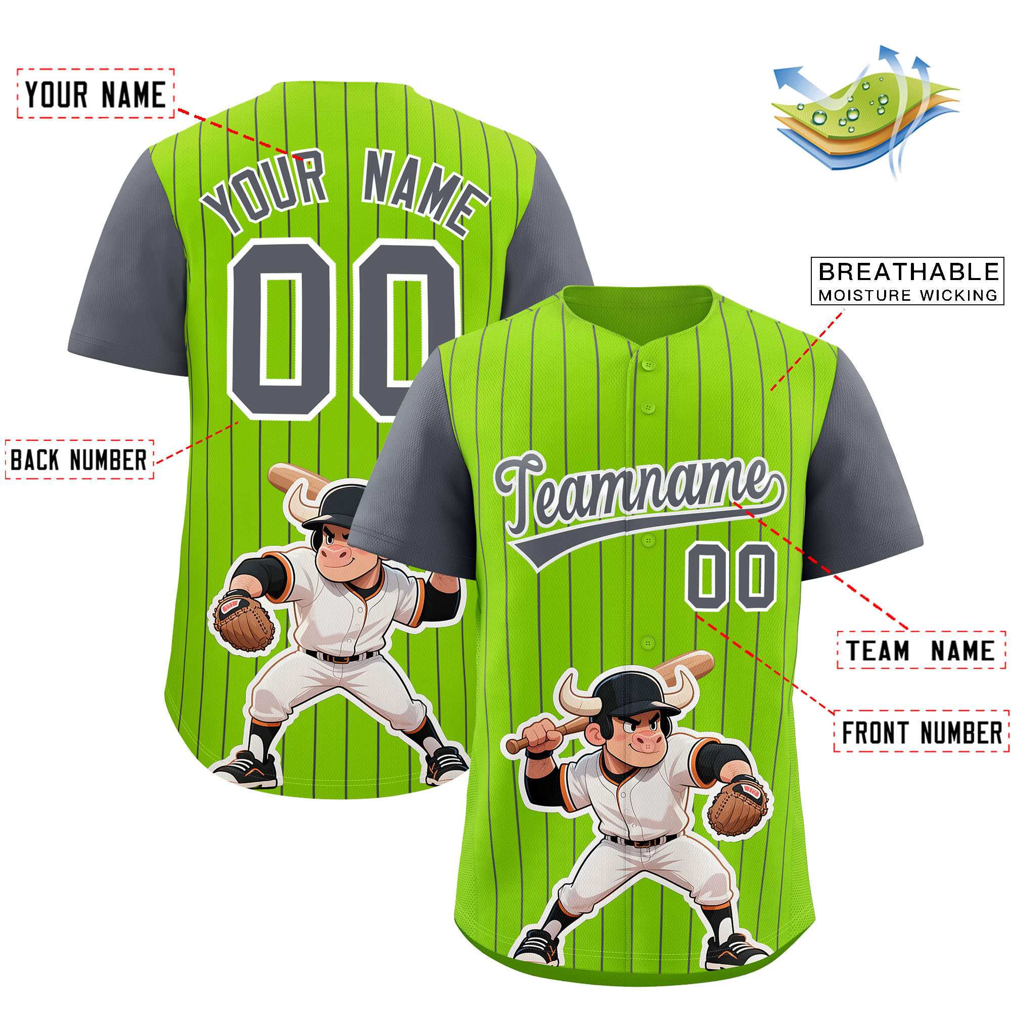 Authentisches Baseball-Trikot mit individuellem Streifen-Tiere-Graffiti-Muster, Raglanärmeln Authentisches Baseball-Trikot mit individuellem Streifen-Tiere-Graffiti-Muster, Raglanärmeln