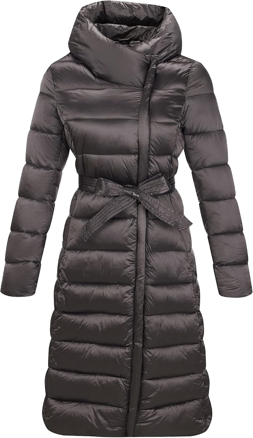 Women's Long Belted Puffer Coat High Neck Charcoal