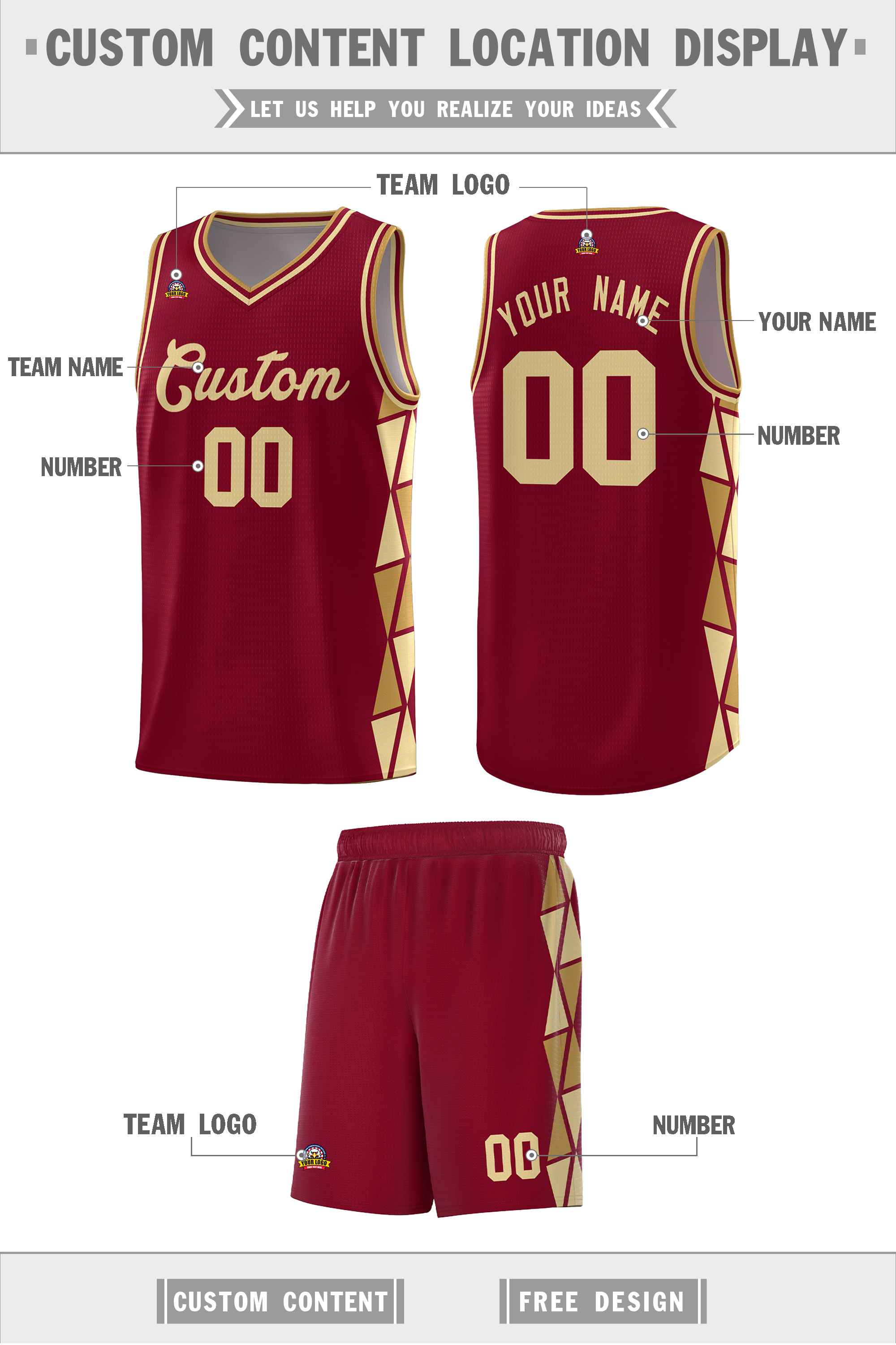 Maßgeschneidertes Crimson Old Gold-Khaki Side Two-Color Triangle Splicing Sports Uniform Basketball Jersey