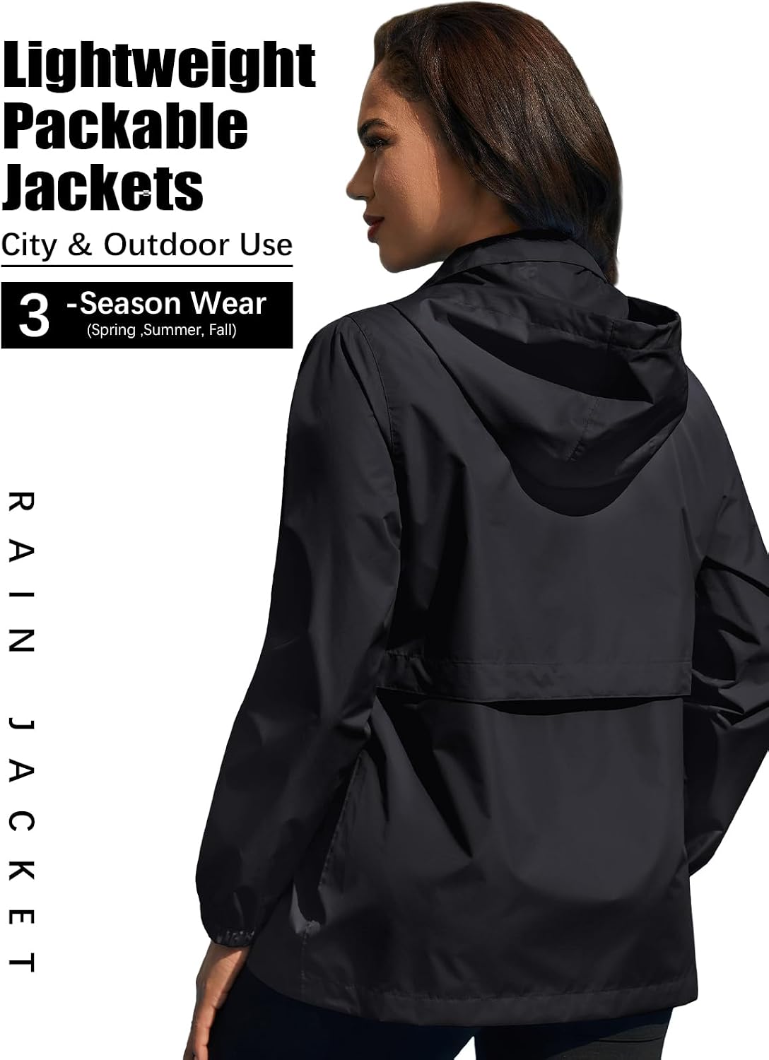 Women's Packable Rain Jacket Waterproof Hooded Black