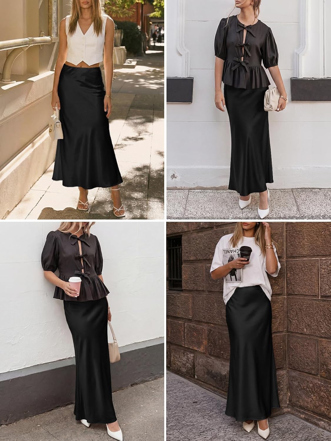 Women's Satin Maxi Skirt High Waist Fishtail Black