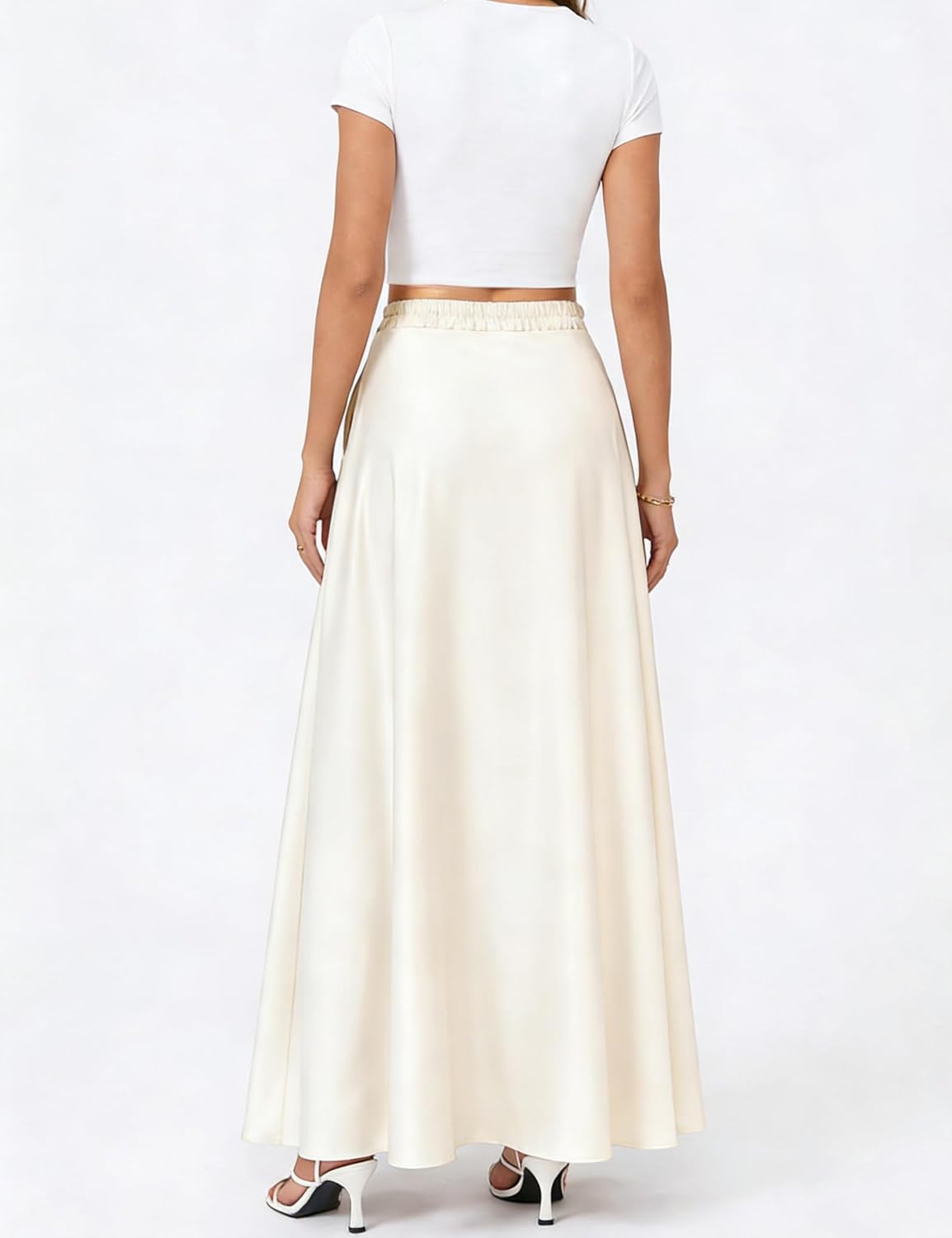 Women's Satin Maxi Skirt Side Slit Pockets Ivory Women's Satin Maxi Skirt Side Slit Pockets Ivory