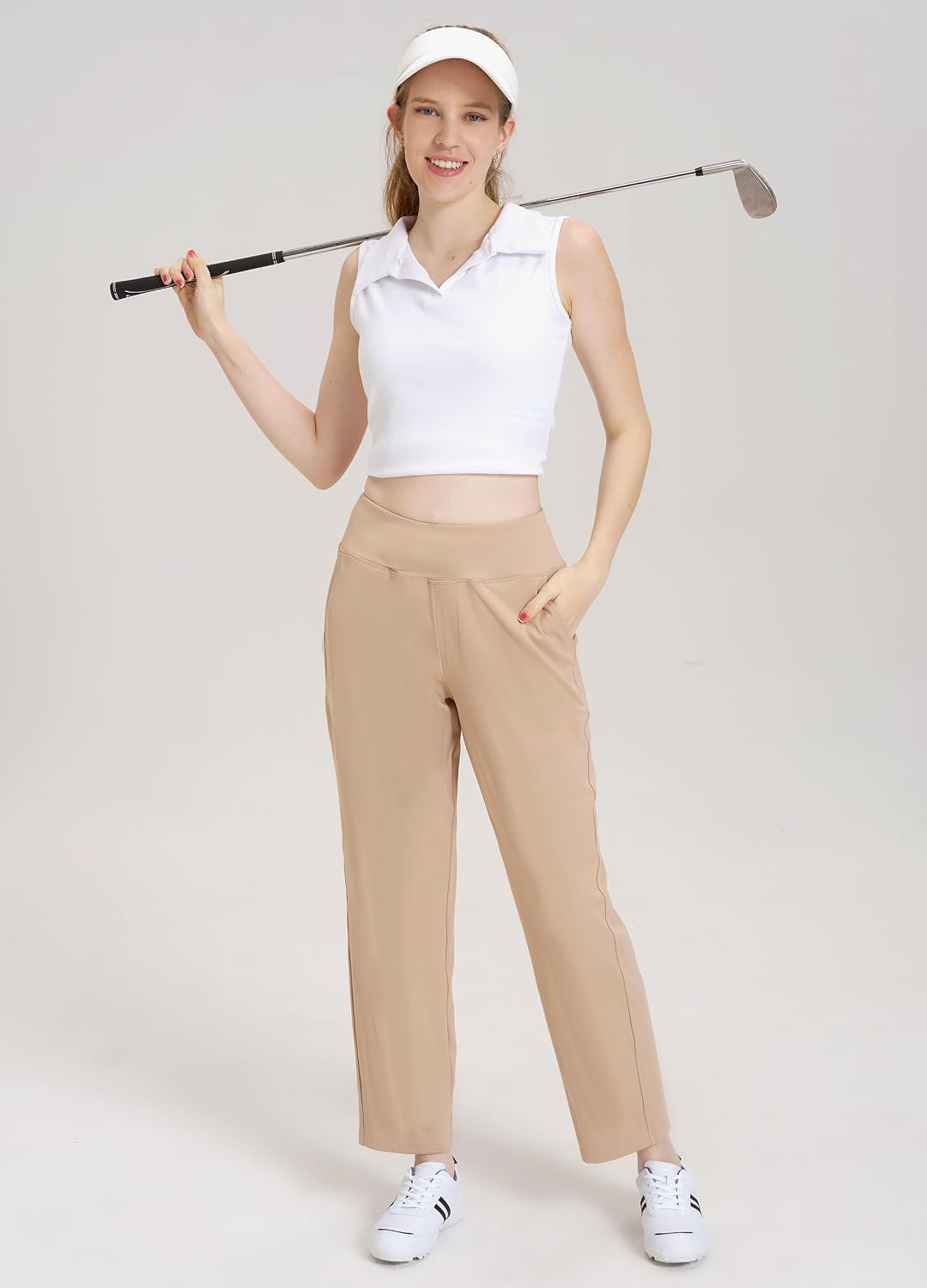 Women's Wide Leg Golf Pants Drawstring Ankle Khaki